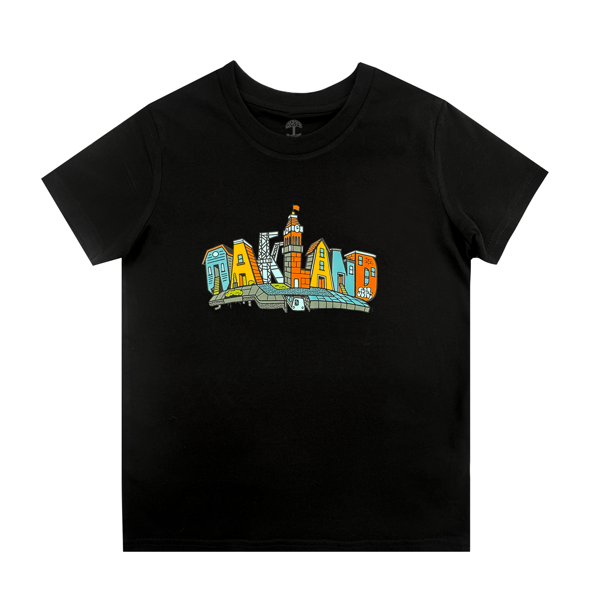 The Oaklandish Toddler Blockletters Tee is a black shirt with "OAKLAND" in big, colorful letters on the chest, each filled with city landmarks. Available in toddler sizes.
