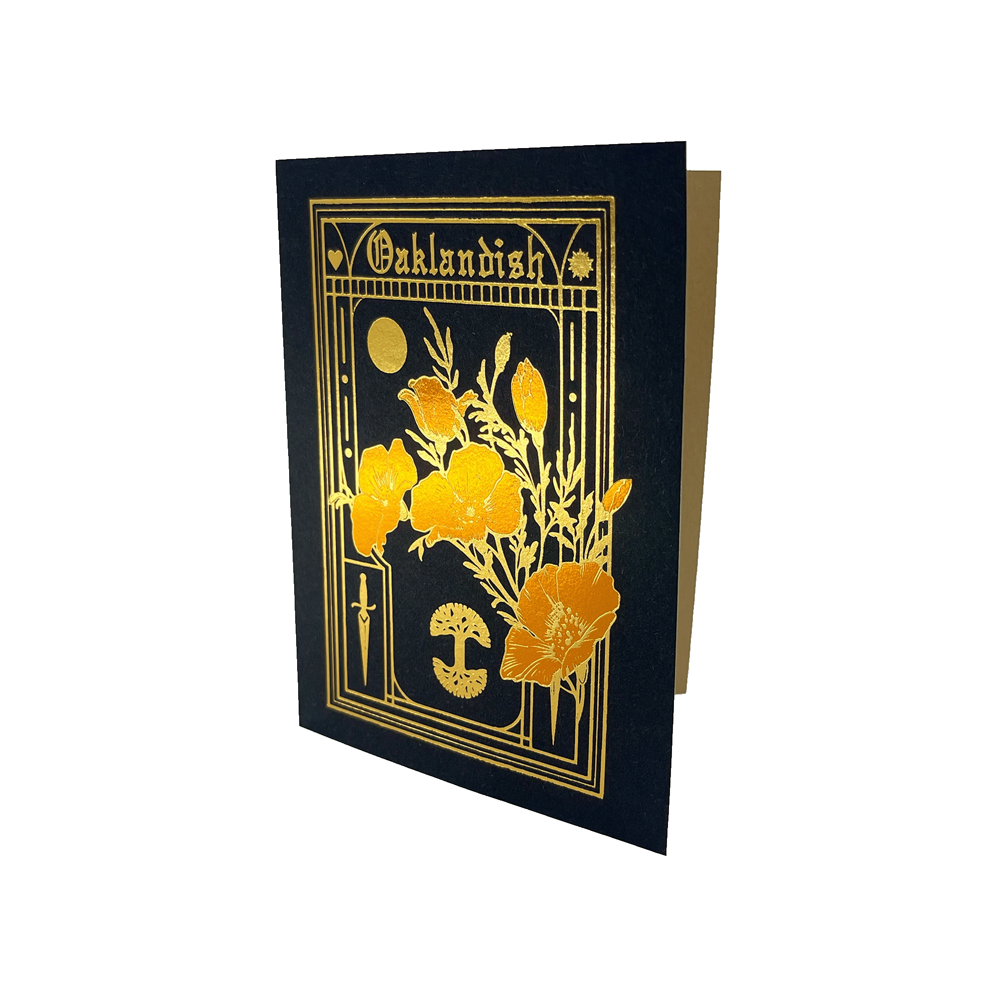 A Never Elsewhere Blossom Card with a black cover adorned with gold foil details. The front features an intricate design of poppies, a cross, a mushroom, and a crescent moon on recycled kraft paper, framed by geometric patterns. The top of the card displays "Oaklandish" in an ornate, stylized font.