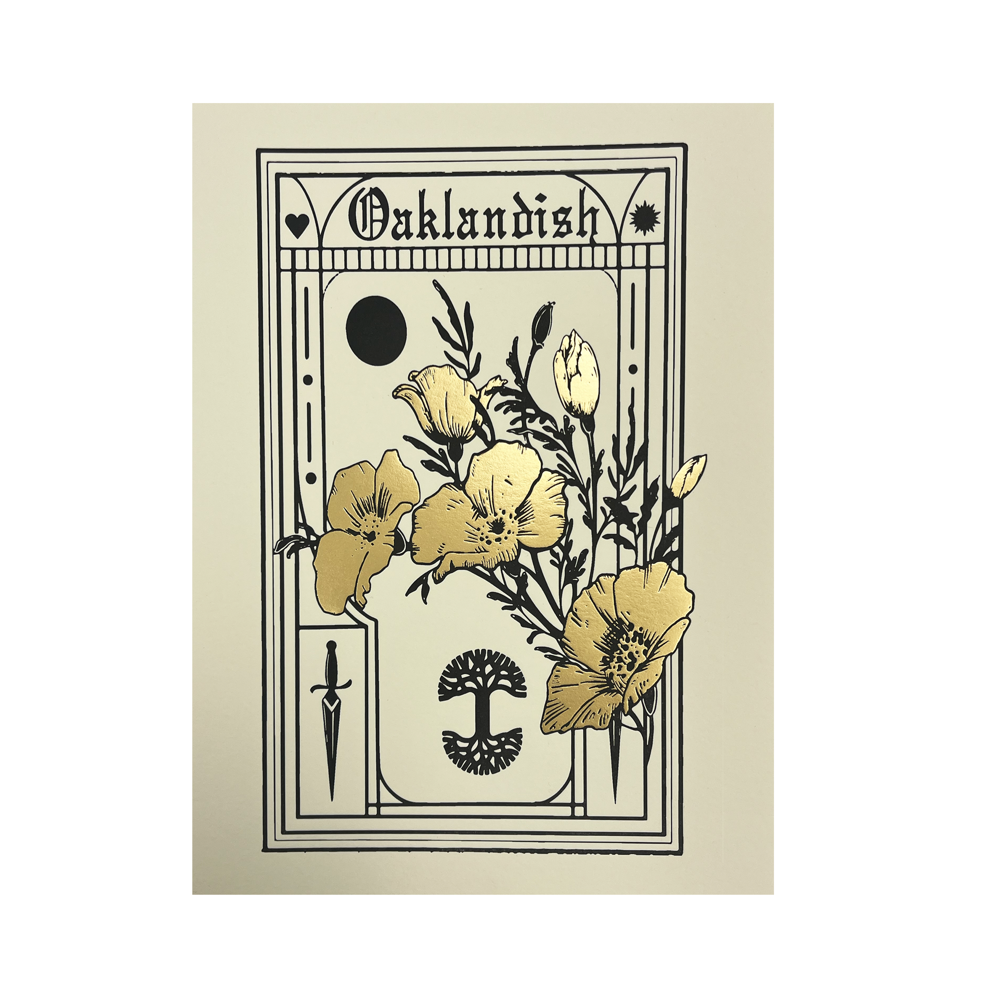 The "Blossom Print" by Never Elsewhere is a detailed line drawing featuring poppy flowers and leaves at its center, with a crescent moon, heart, and dagger in the margins. The artwork seamlessly blends gothic and botanical elements, accented with metallic gold foil on the blossoms. This unique letterpress print showcases intricate craftsmanship.