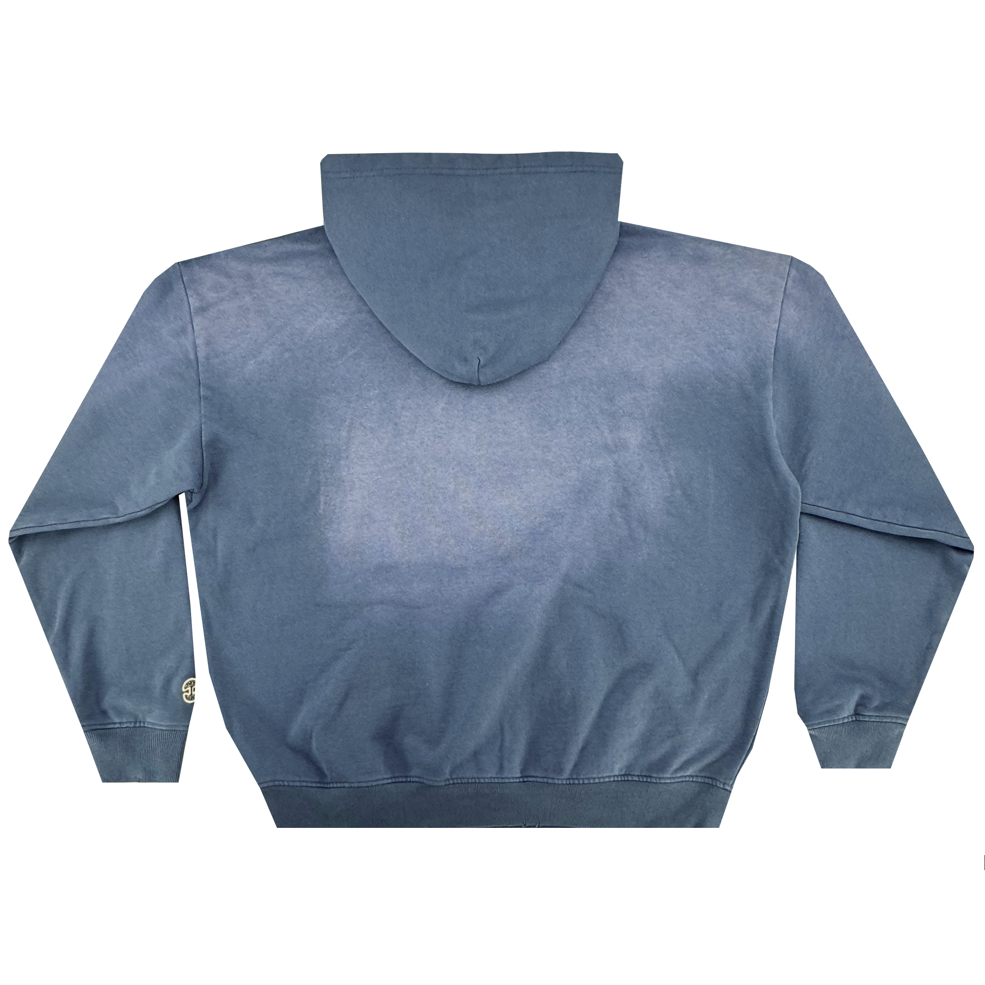 The Homage Hoodie by Oaklandish is laid flat, back facing up. Made from 100% cotton, it has long sleeves with ribbed cuffs and hem, a small circular tag on the left sleeve near the cuff, and soft, gently faded blue fabric.