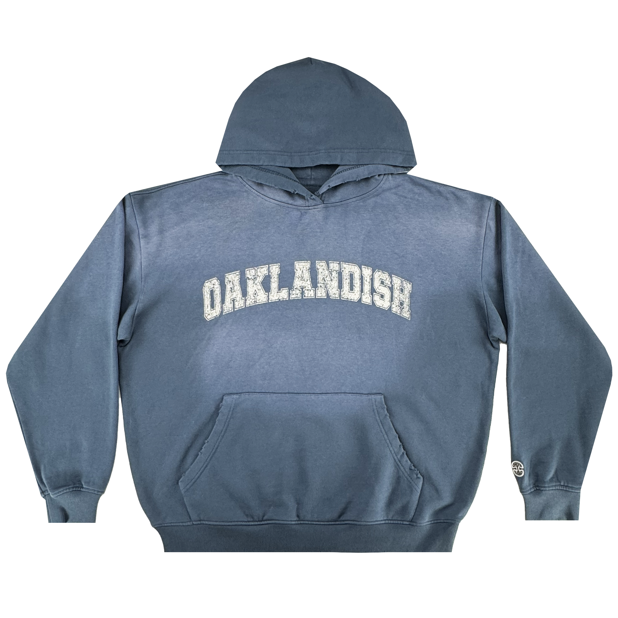 The Homage Hoodie by Oaklandish is a blue 100% cotton pullover with a front pocket, "OAKLANDISH" in large white distressed letters on the chest, and a small round logo on the left cuff—perfect men's outerwear for everyday style.