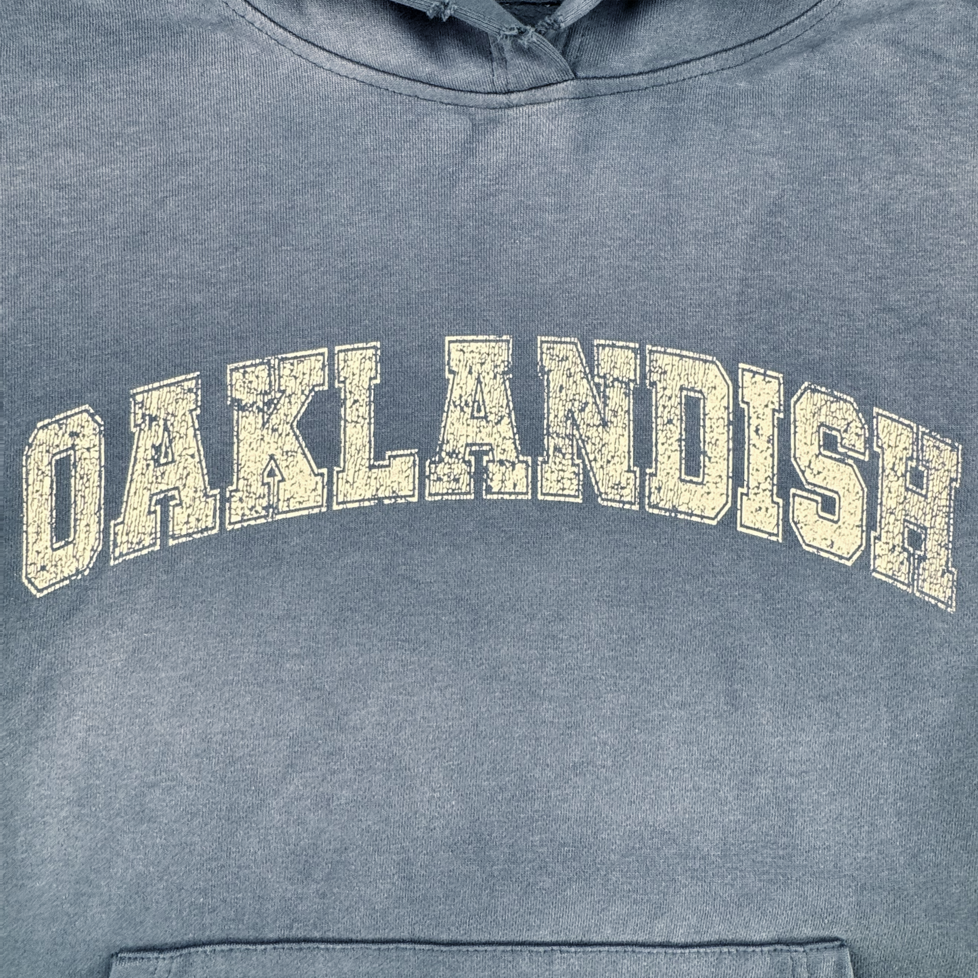 The Homage Hoodie by Oaklandish is a faded blue, 100% cotton pullover with "OAKLANDISH" in bold varsity letters and a worn print for a vintage vibe—a standout piece in men’s outerwear.
