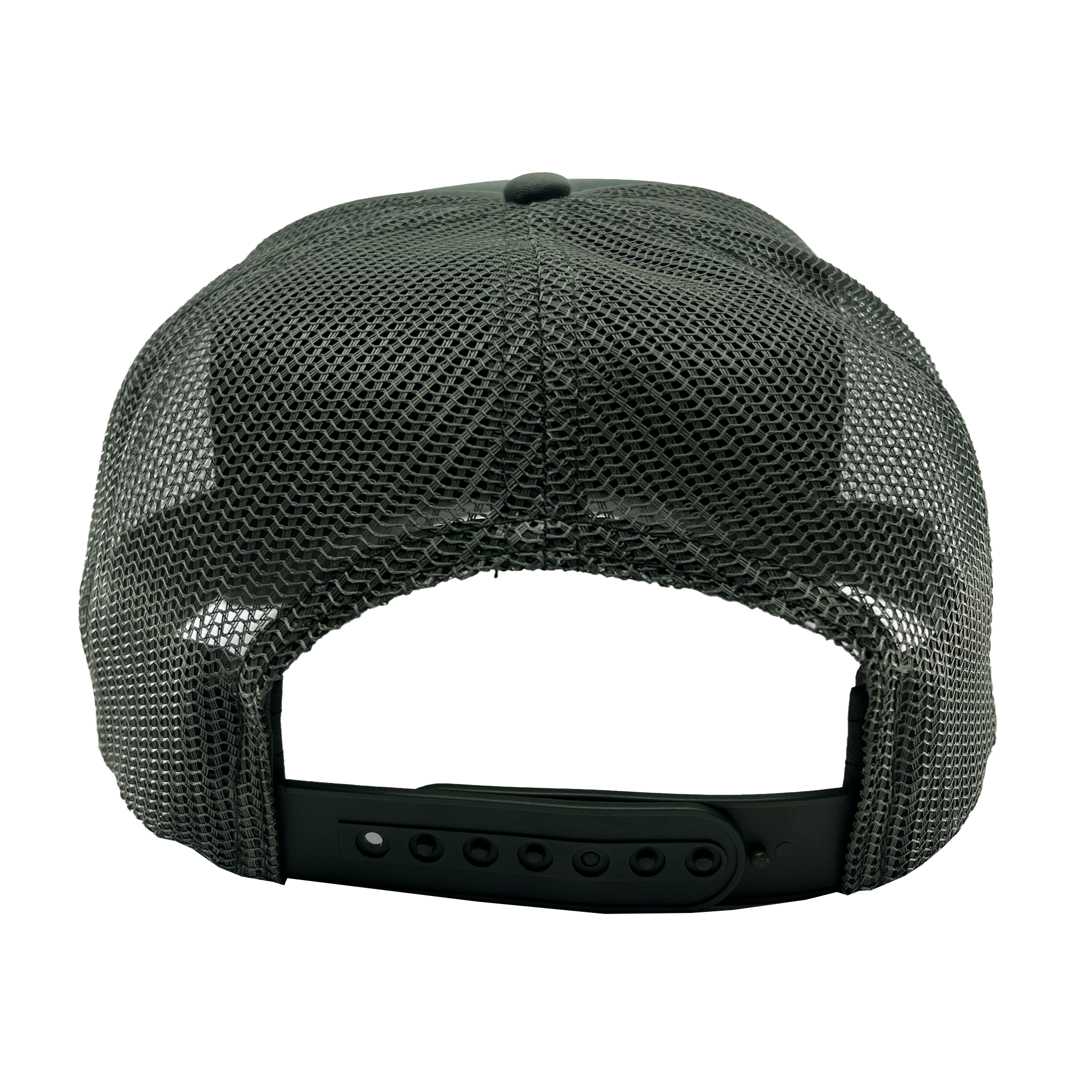 Back view of the mesh back and adjustable strap on a cypress green trucker cap.