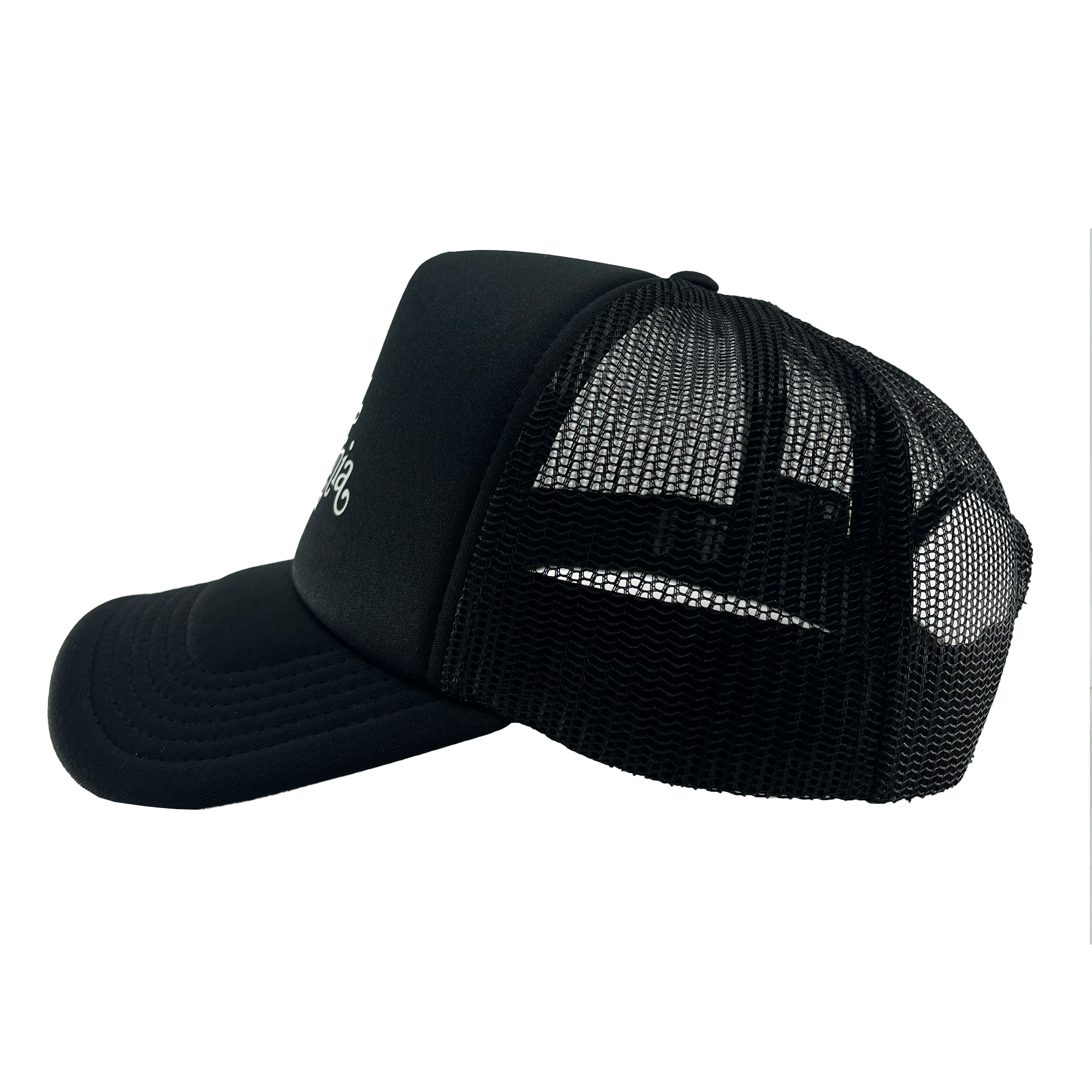 Side view of a black trucker cap with foam front panel, mesh back and adjustable back.