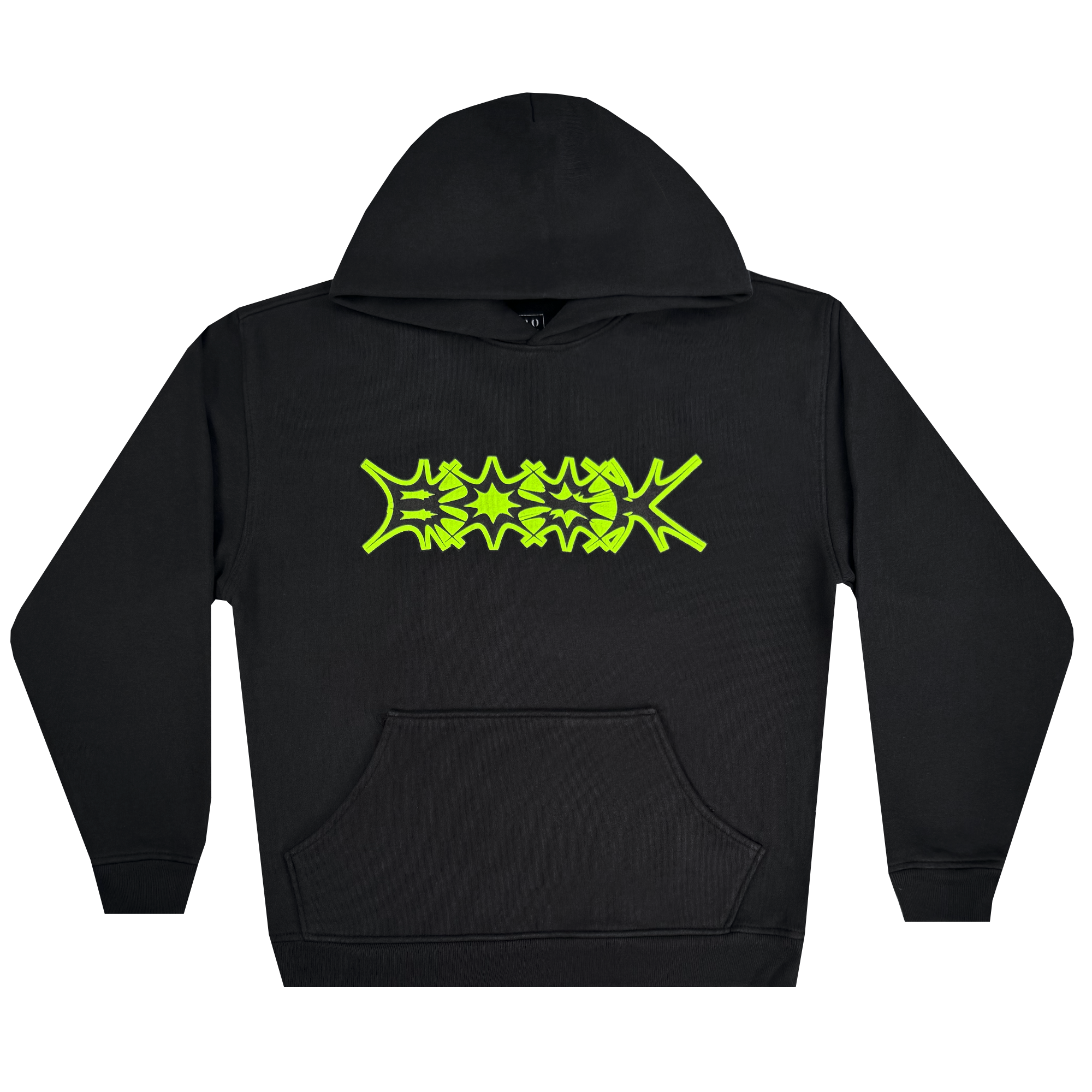 The BOSK Distortion Hoodie, crafted from cozy cotton fleece, showcases an oversized drop shoulder design with a large front pocket and hood. Featuring a neon green graffiti-style graphic at the center, it has ribbed sleeves and hem for a relaxed fit perfect for casual outings.