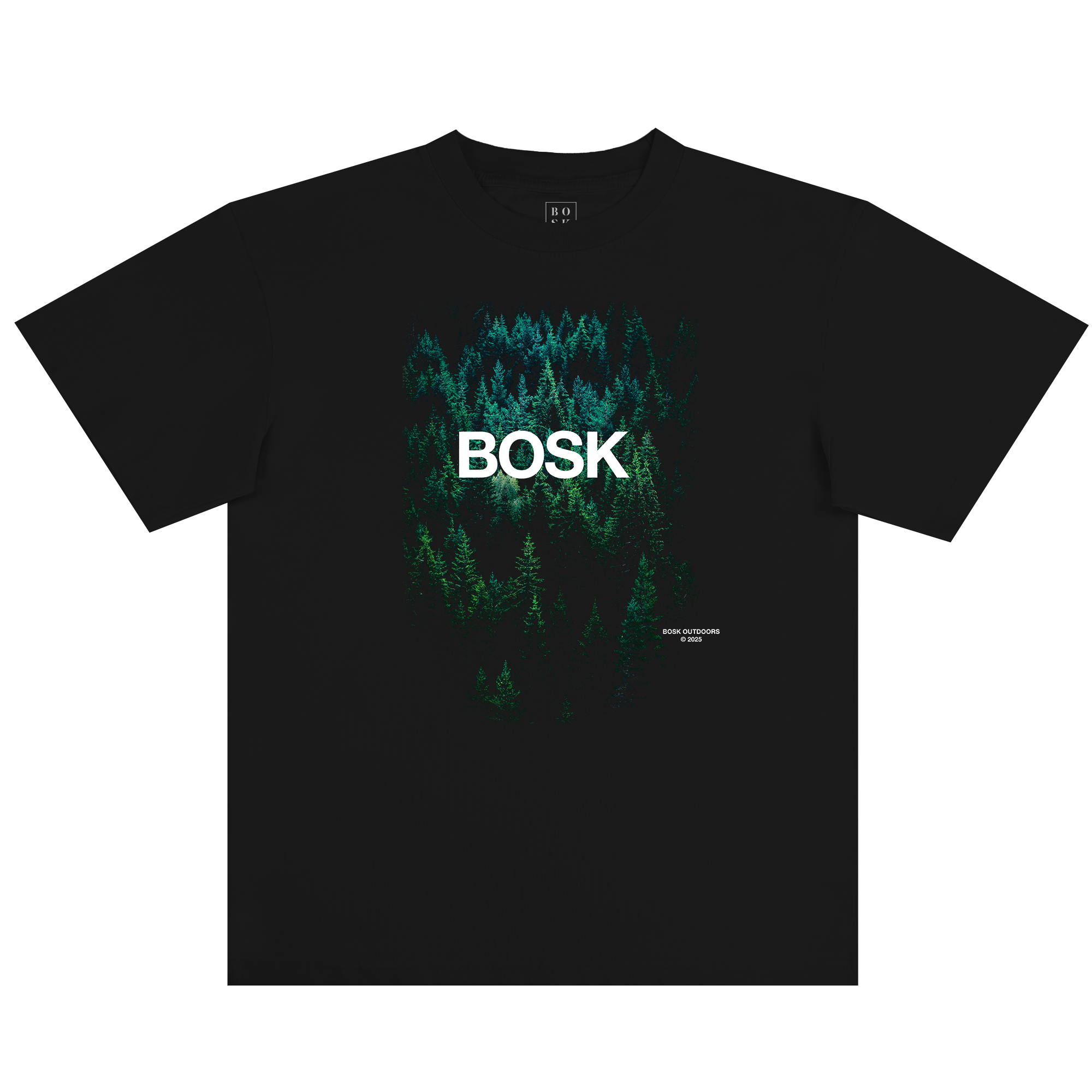 The BOSK Forest Brush Tee is a black, heavy-weight 100% cotton t-shirt featuring an overhead dense green forest print on the chest, “BOSK” in bold white letters, and small white text on the lower right.
