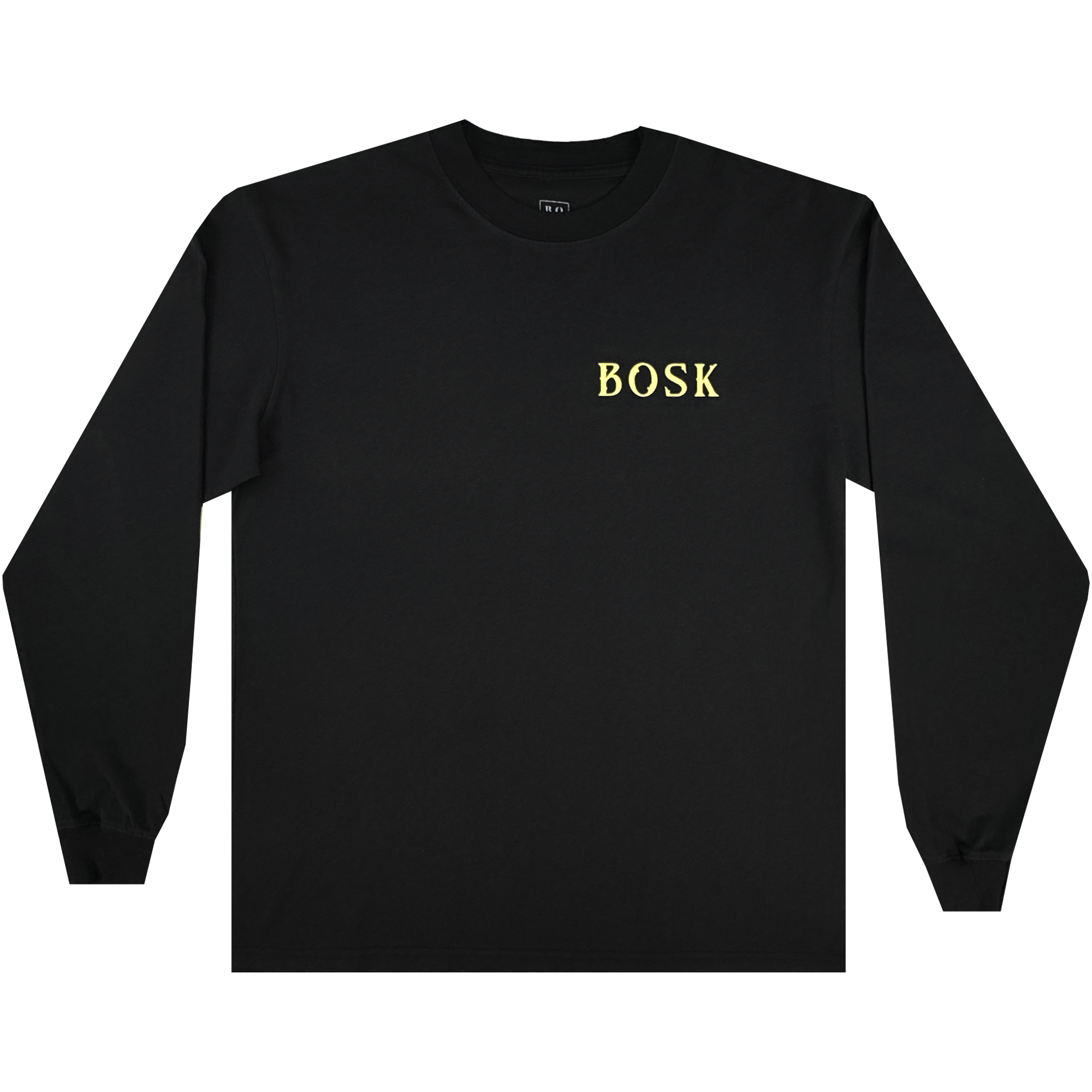 The BOSK Allure LS Tee is a classic-fit, 100% cotton black long sleeve shirt with “BOSK” in yellow uppercase on the upper left chest. It is displayed laid flat on a white background, sleeves slightly bent outward.