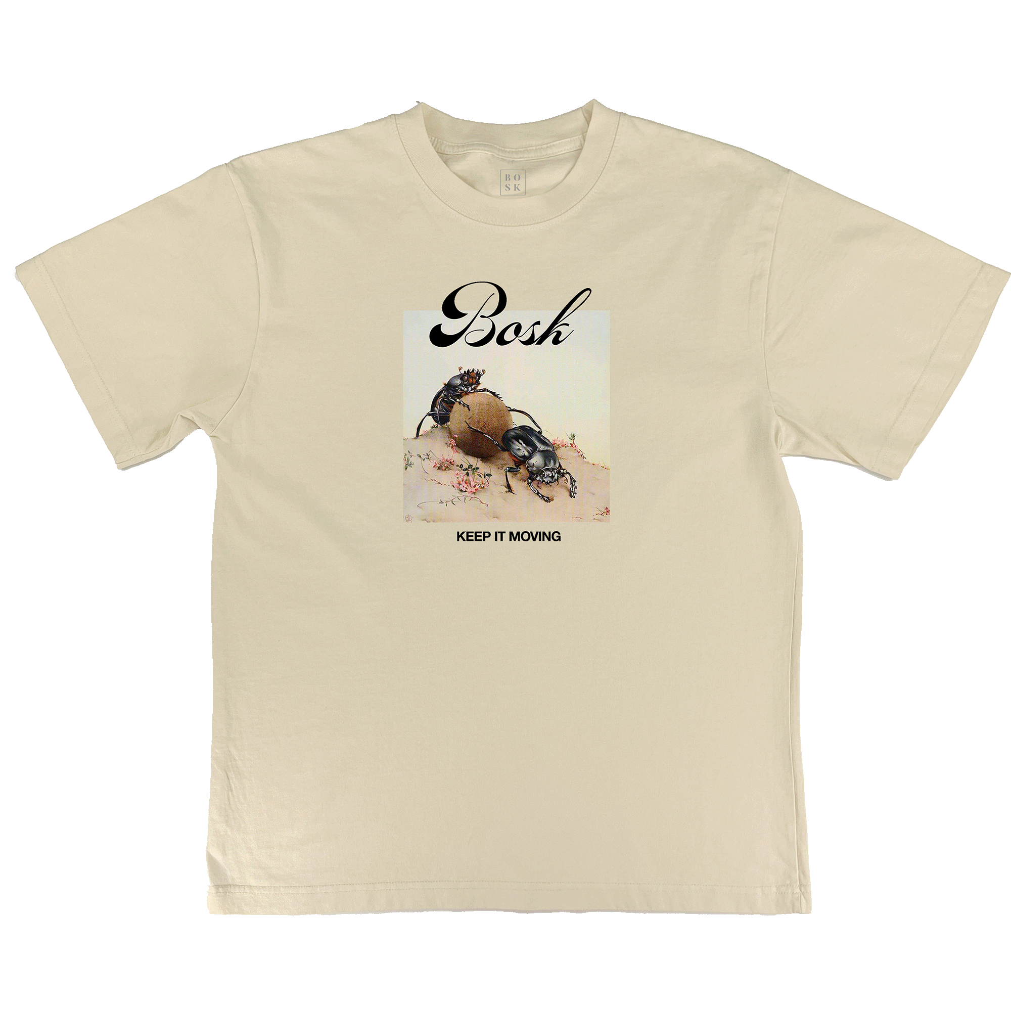 The BOSK Moving Tee is an off white, classic fit shirt featuring a dung beetle rolling a ball with small plants, “Bosh” above in script, and “KEEP IT MOVING” below the artwork.