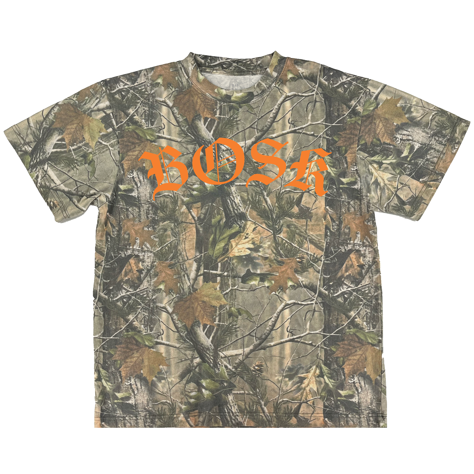The BOSK Camo Tee by BOSK features heavyweight cotton in an oversized fit, green and brown Tree Camo branches and leaves, and bold orange gothic “BOSK” lettering across the chest.