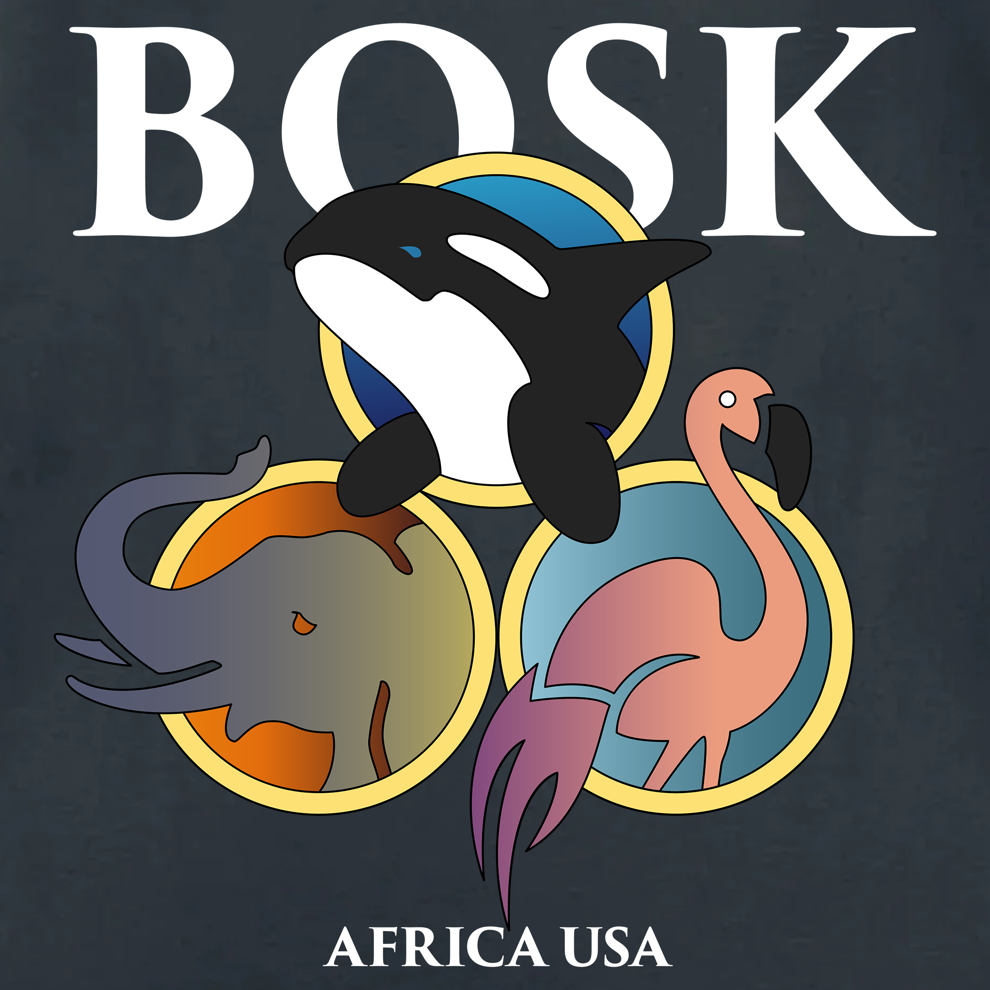 The Bosk World Tee by BOSK features “BOSK” in bold white letters with cartoon orca, elephant, and flamingo icons below. “AFRICA USA” appears underneath on a faded black, classic fit heavy-weight cotton shirt.