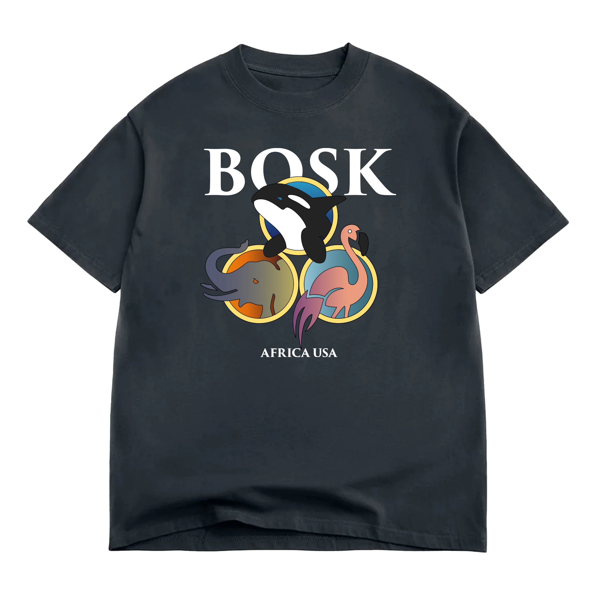 The Bosk World Tee by BOSK is a classic fit, 100% cotton faded black shirt with "BOSK" in bold white, cartoon orca, elephant, and flamingo above "AFRICA USA" in smaller white text.