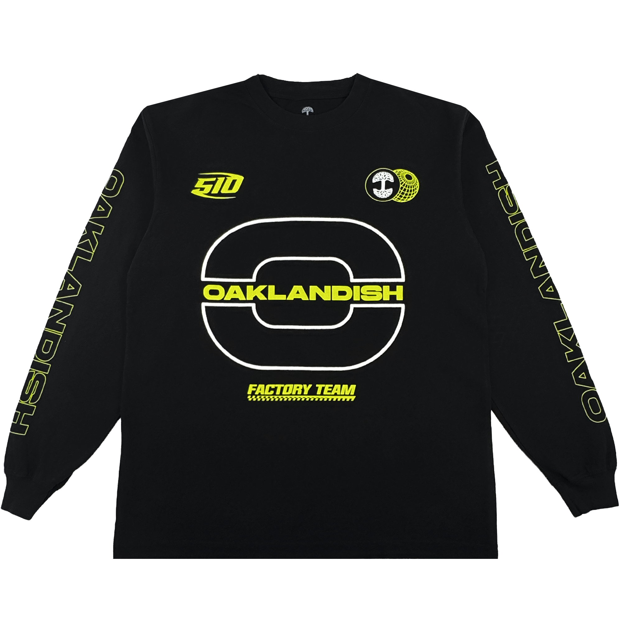 The Brrraaap Moto LS Tee by Oaklandish is a black men's long sleeve shirt with bold yellow and white graphics, “OAKLANDISH” on the chest and sleeves, a large stylized “O,” and racing-inspired logos on the front.