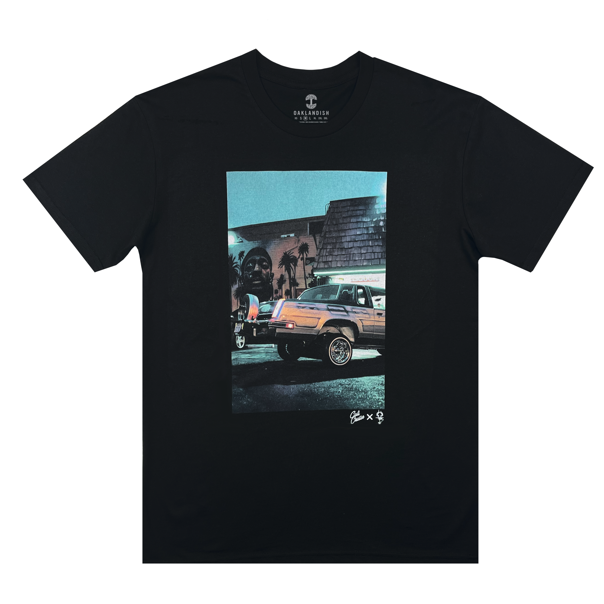 Image of Armando’s lowrider car parked in front of a Nipsey Hussle mural on the chest of a black Oaklandish t-shirt.