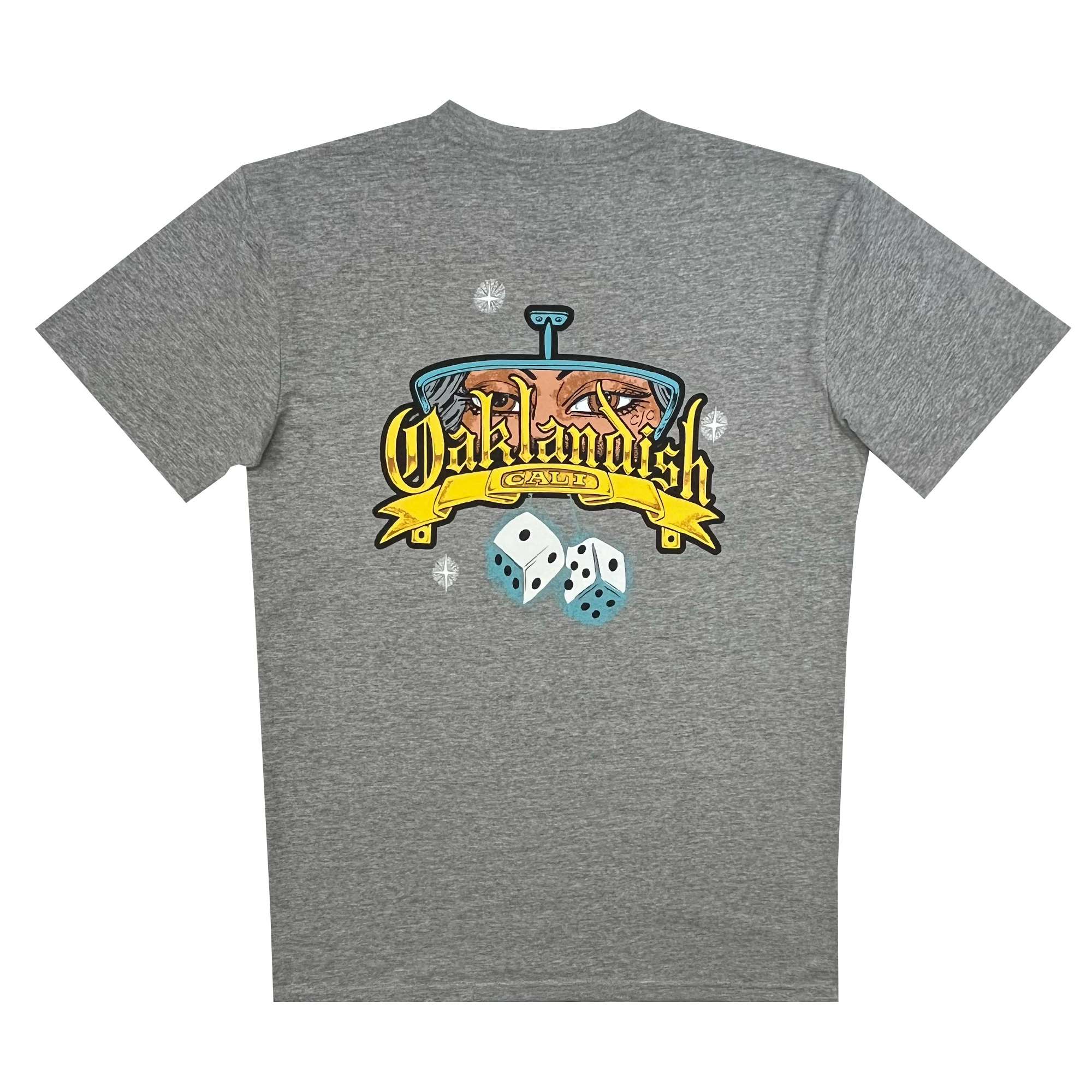 The backside of a heather grey t-shirt with Oakland Crusin' graphic featuring a stylized rear view mirror and hanging dice.