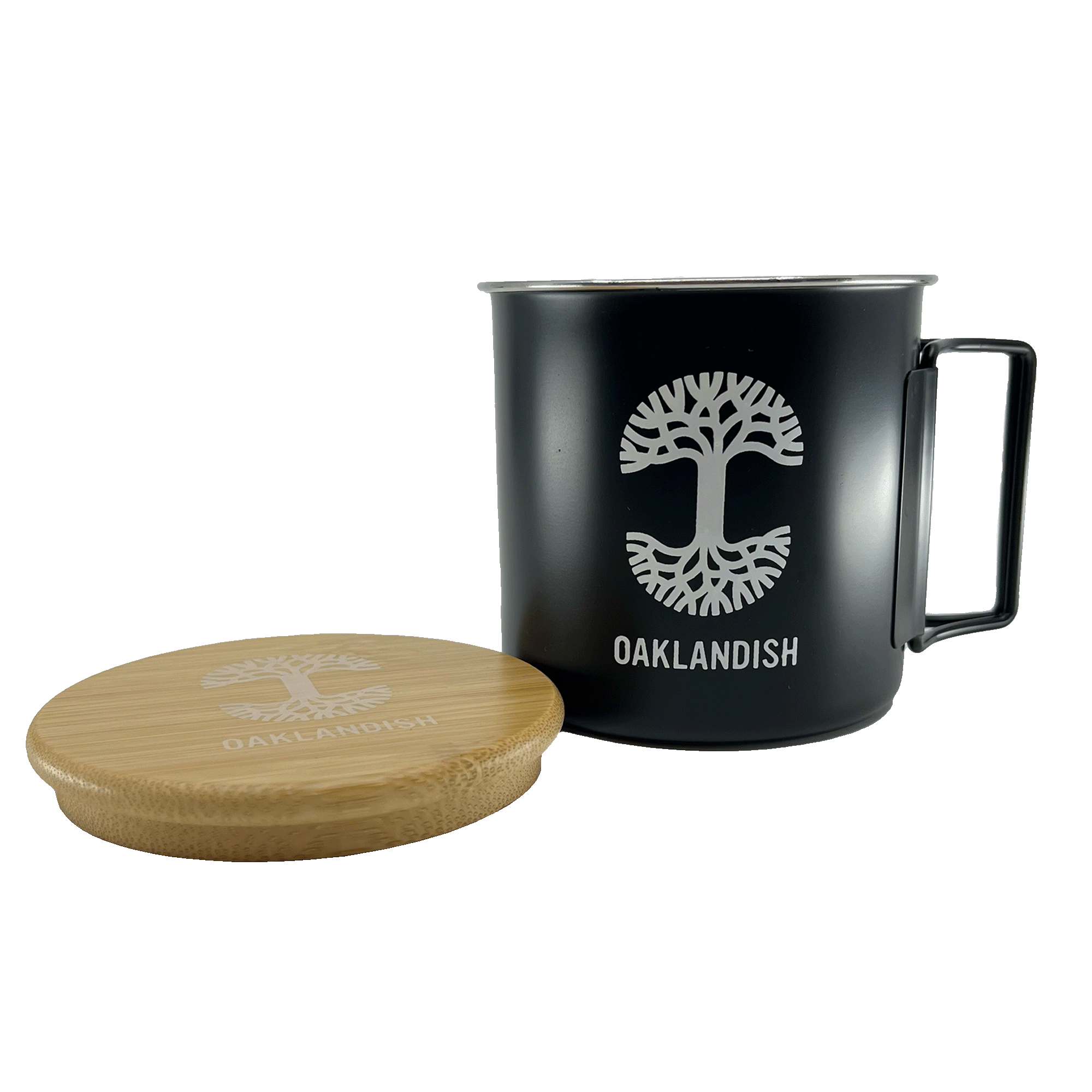 Black stainless steel camp mug with collapsable handle, large white Oaklandish tree logo, and wordmark and wood lid with Oaklandish logo beside.