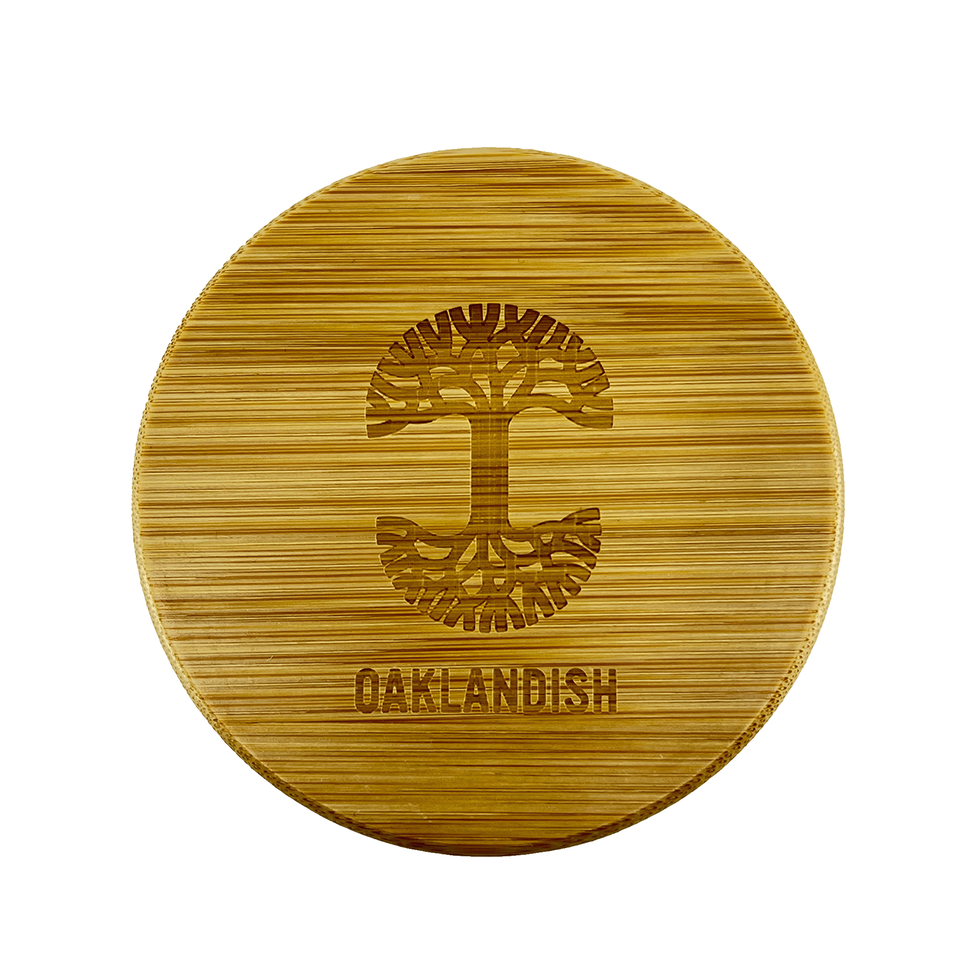 Top view of the bamboo lid for an Oklandish camp mug with laser engraved Oaklandish tree logo and wordmark.