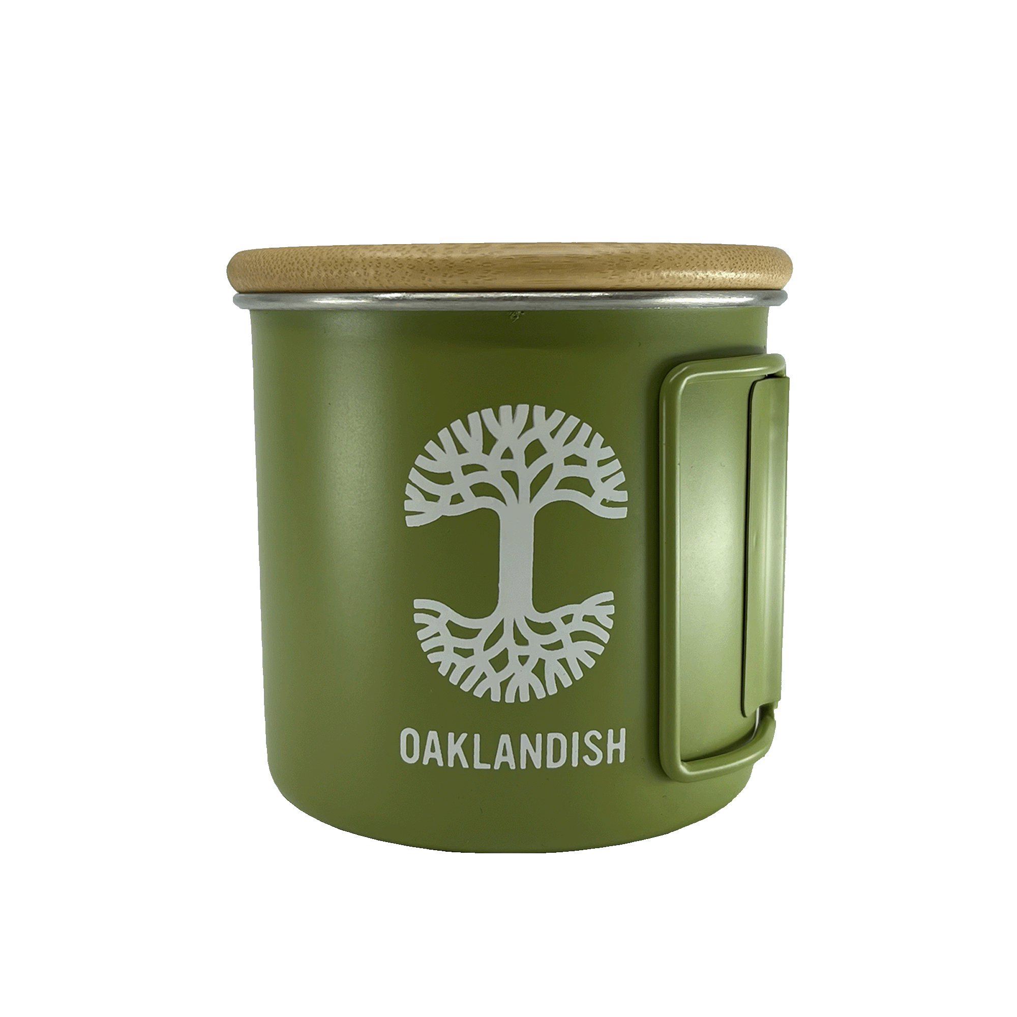 Green stainless steel camp mug with collapsable handles, bamboo lid, and large white Oaklandish tree logo and wordmark.