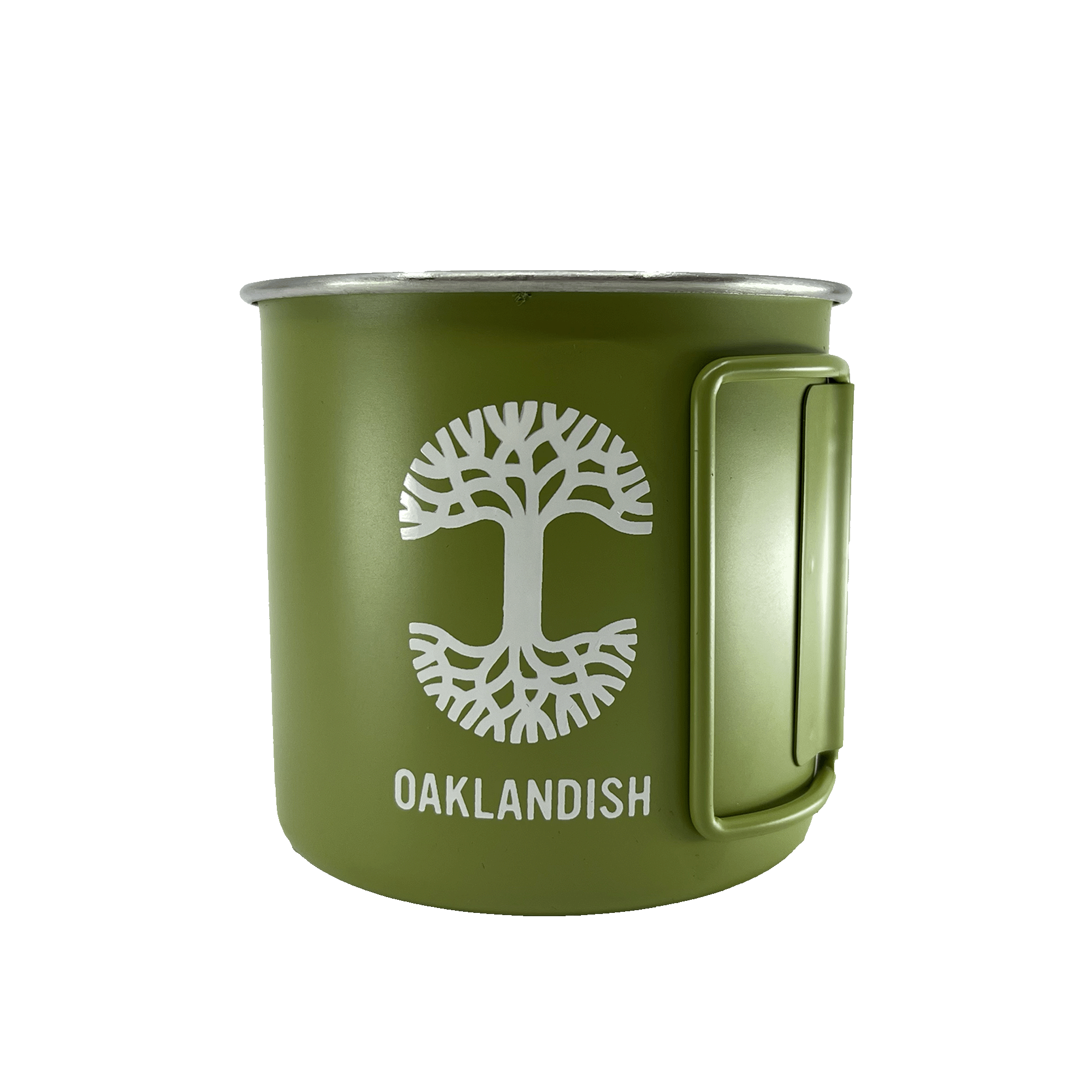 Green stainless steel camp mug with collapsable handles, large white Oaklandish tree logo, and wordmark. 