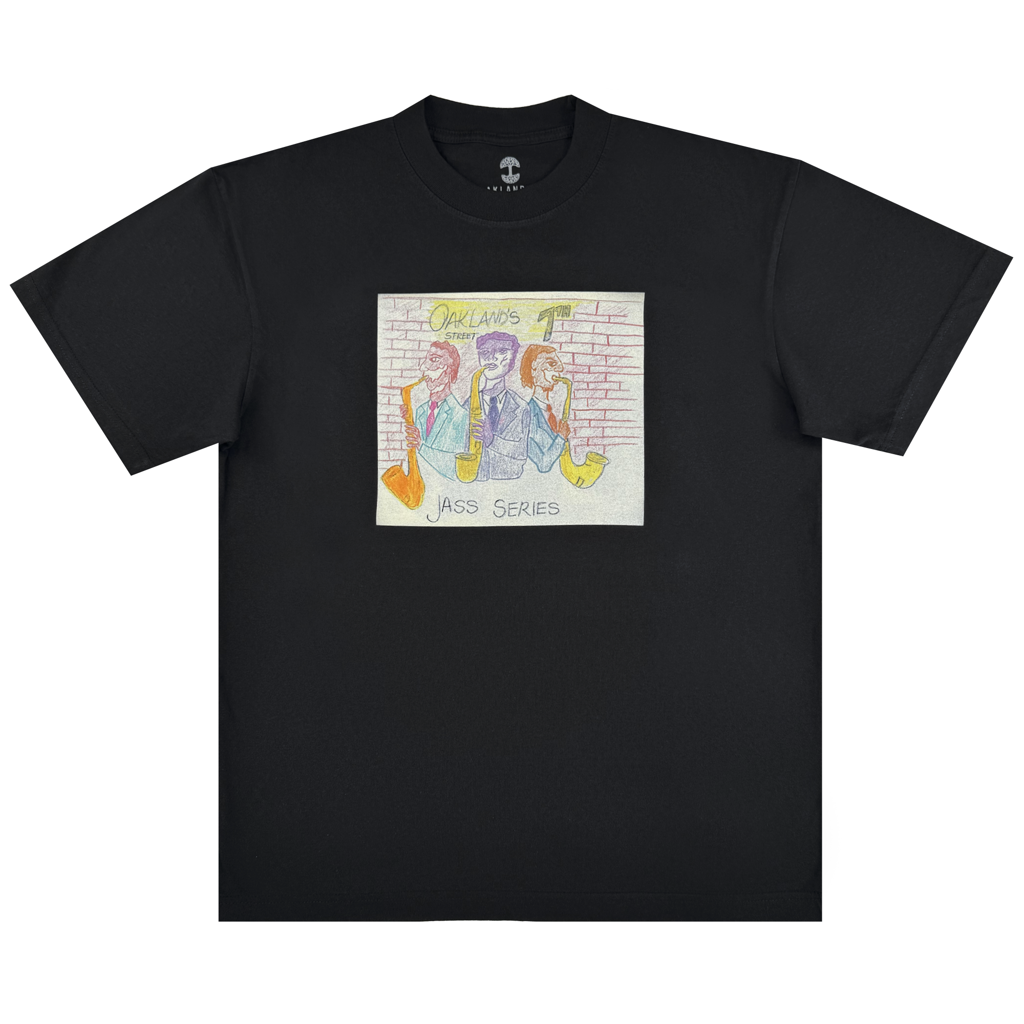 The Oaklandish 7th St. Players Tee is a black, classic fit 100% cotton shirt featuring a vibrant hand-drawn graphic of three saxophonists before a brick wall, with "OAKLAND'S JASS SERIES" above and below the artwork.