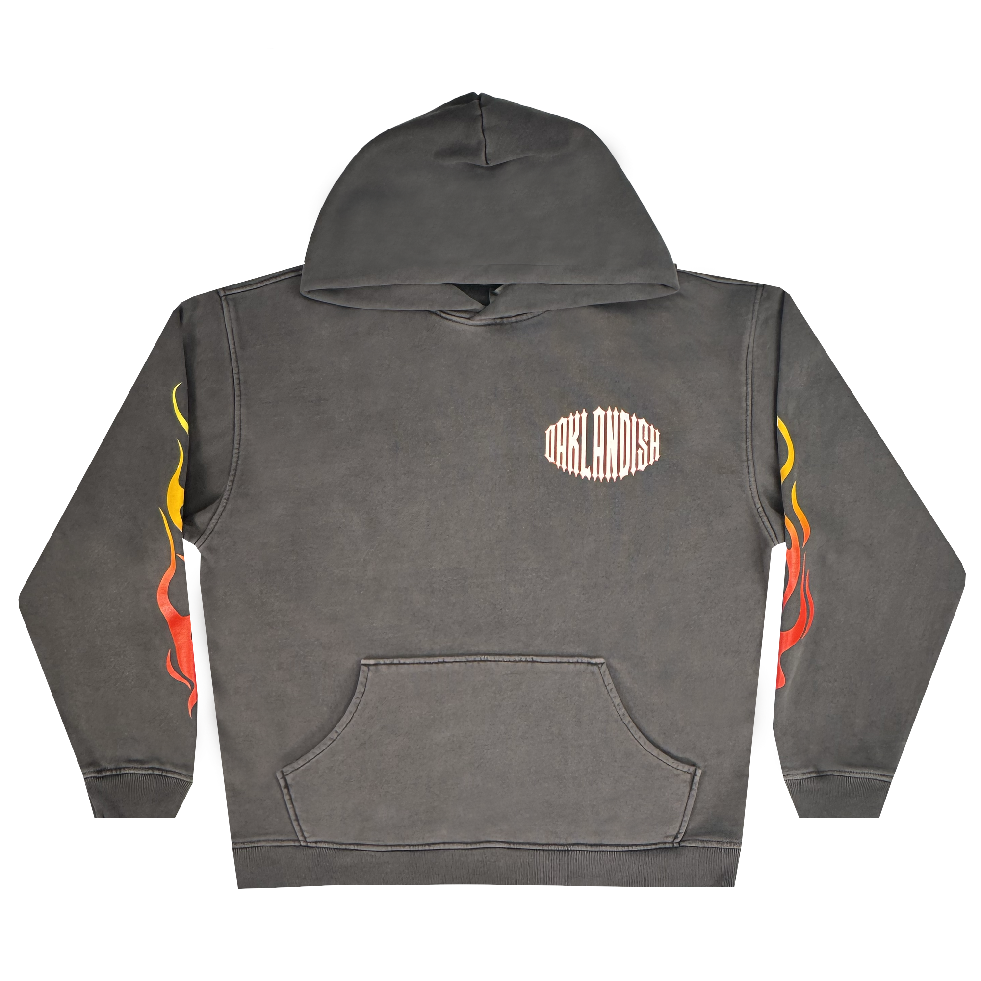 The Chopper Heavy Hoodie by Oaklandish is a gray pullover with "OAKLANDISH" in white on the chest. Made from 100% cotton fleece, it has an oversized drop shoulder, front pouch pocket, hood, and flame designs on the sleeves in red, yellow, and orange.