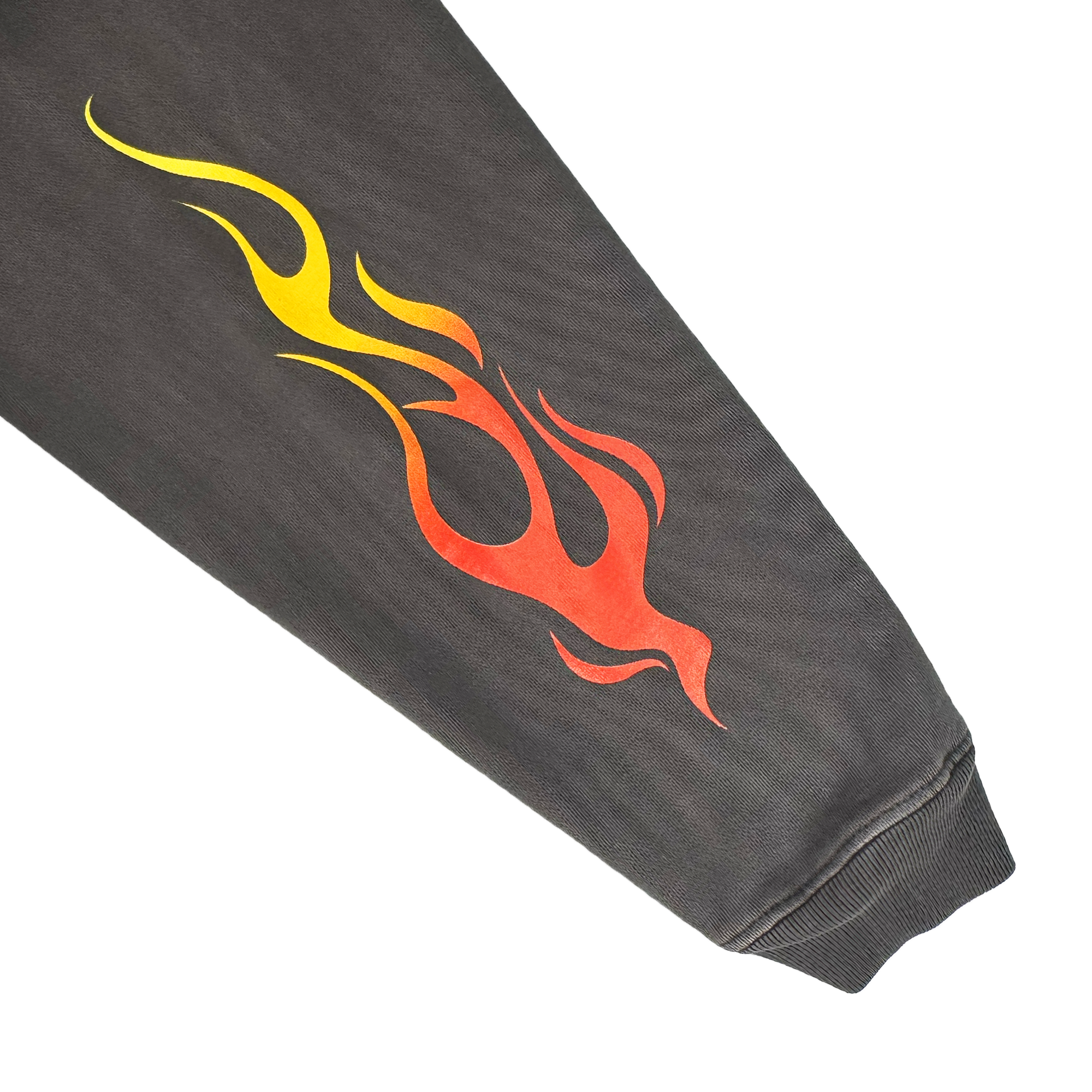 The Oaklandish Chopper Heavy Hoodie features a gray sleeve with red and yellow flame designs from shoulder to cuff. This oversized, 100% cotton fleece pullover boasts smooth fabric and ribbed cuffs for a dynamic, bold look.