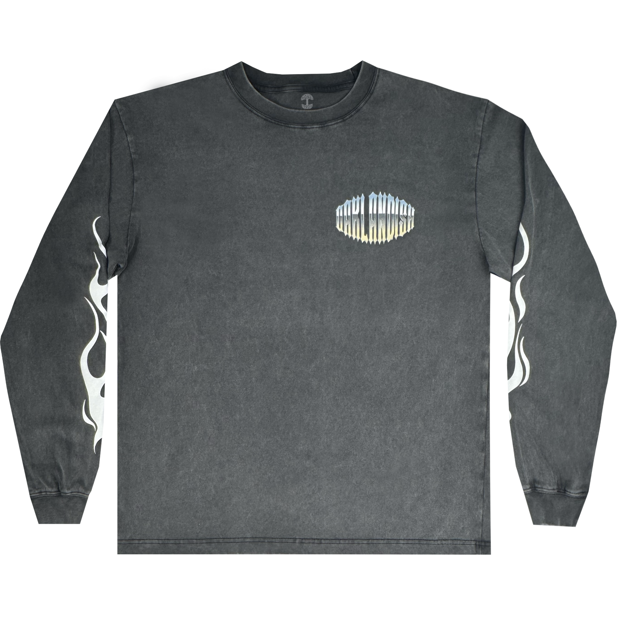 The Chopper Heavy LS Tee by Oaklandish is a vintage-style black long sleeve shirt with a faded texture, featuring white flame designs on the sleeves and an oval emblem on the chest with a blue and yellow design. Made from 100% cotton.
