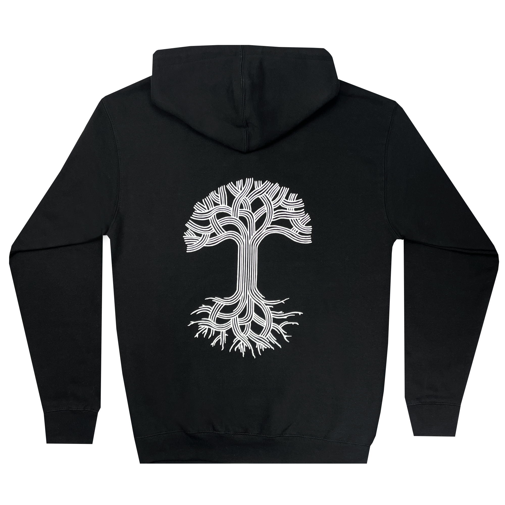 The Oaklandish Classic Hoodie, designed by Oaklandish, is presented in a men's black fit. It features a detailed white tree design on the back, with intertwined branches and roots stretching from top to bottom. Inspired by Oakland roots, this flat-laid hoodie includes a hood and long sleeves to showcase the intricate pattern clearly.