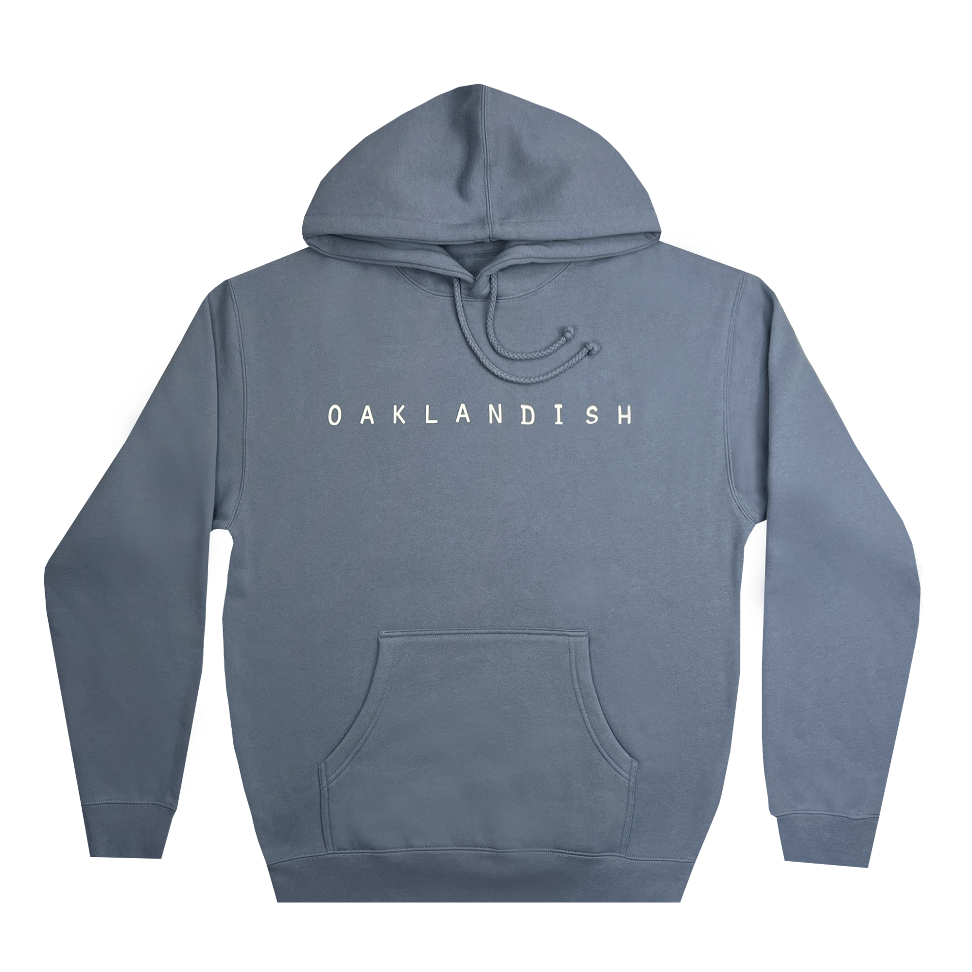 The Oaklandish Classic Hoodie by Oaklandish features a storm blue pullover design with a front pocket and drawstring hood. The chest displays "OAKLANDISH" in bold, white uppercase letters to celebrate Oakland pride. The hoodie is completed with ribbed cuffs and hem, offering a simple and casual aesthetic.