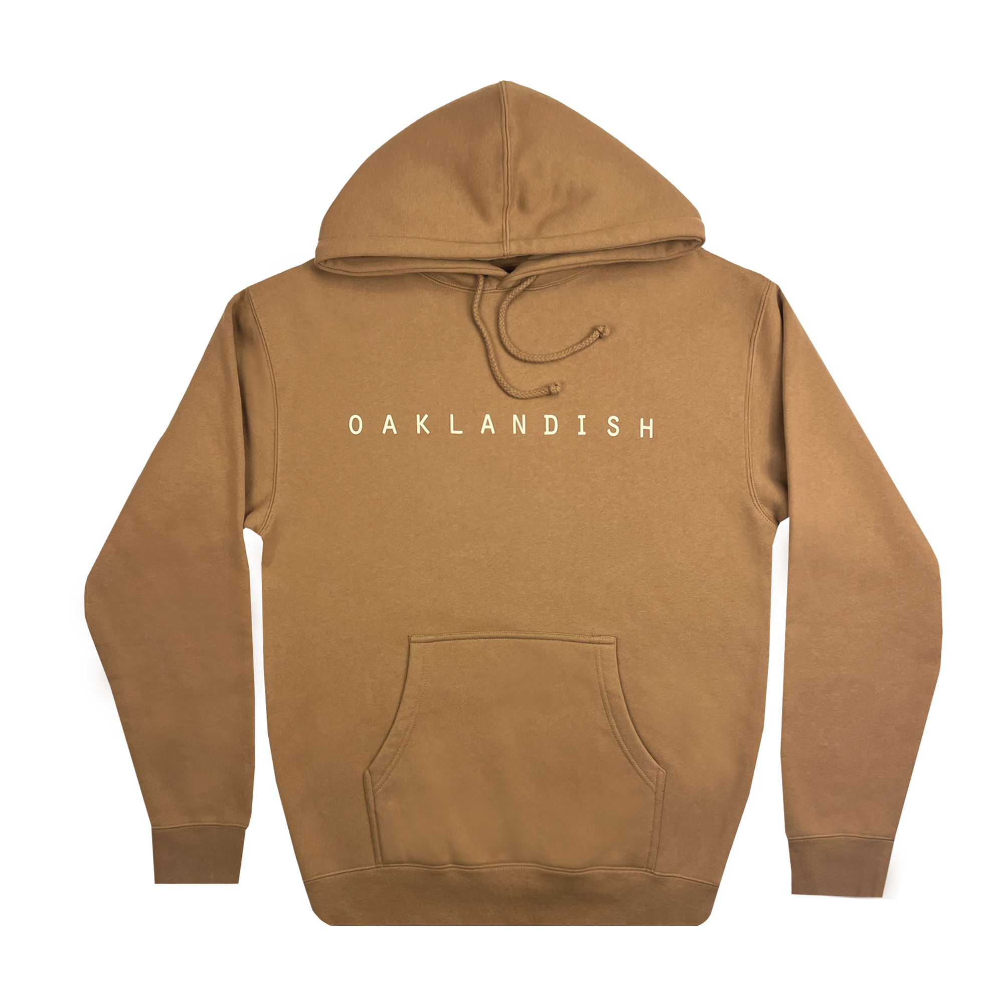 Front view of Premium pullover Hoodie - Classic Oaklandish, Saddle brown.