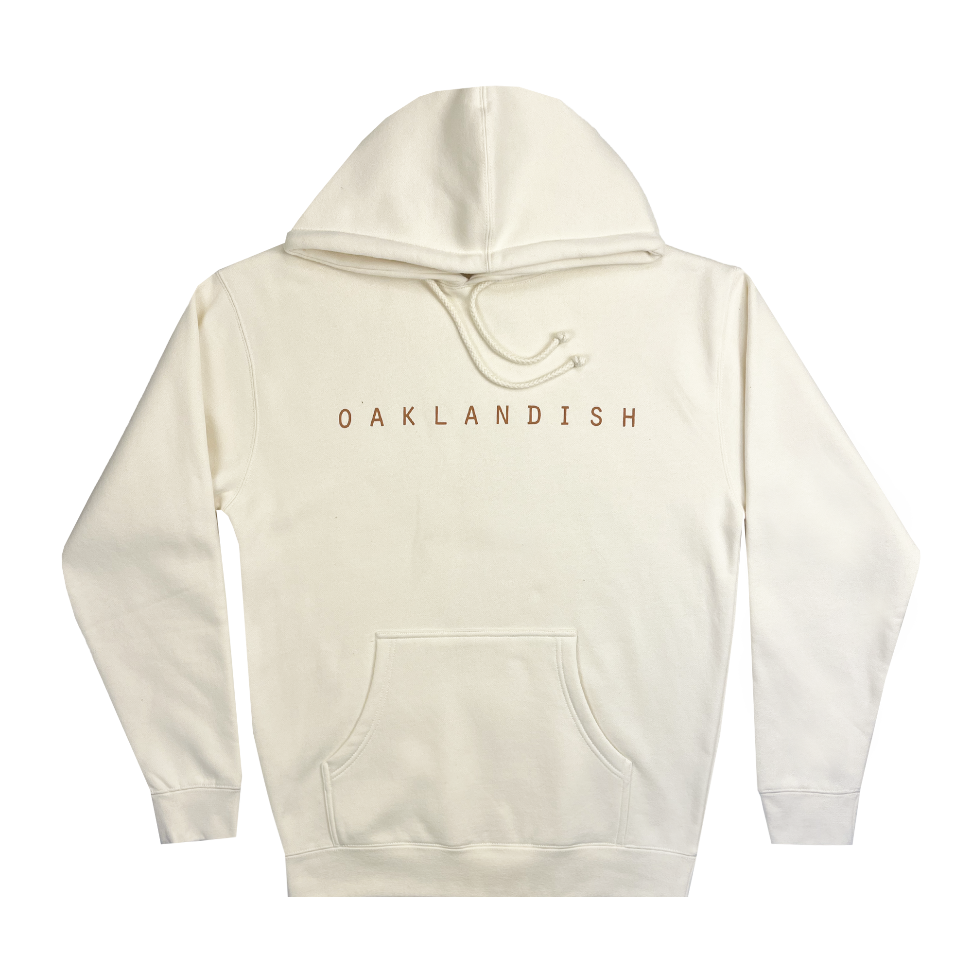 The Oaklandish Classic Hoodie, exhibited with its back facing the viewer, comes in a clean white and showcases "OAKLANDISH" in bold brown capital letters across the upper back. Designed for men, it features a front kangaroo pocket and an adjustable drawstring hood. The hoodie also includes ribbed sleeves and hem for a cozy fit, embodying the distinctive Oakland roots style.