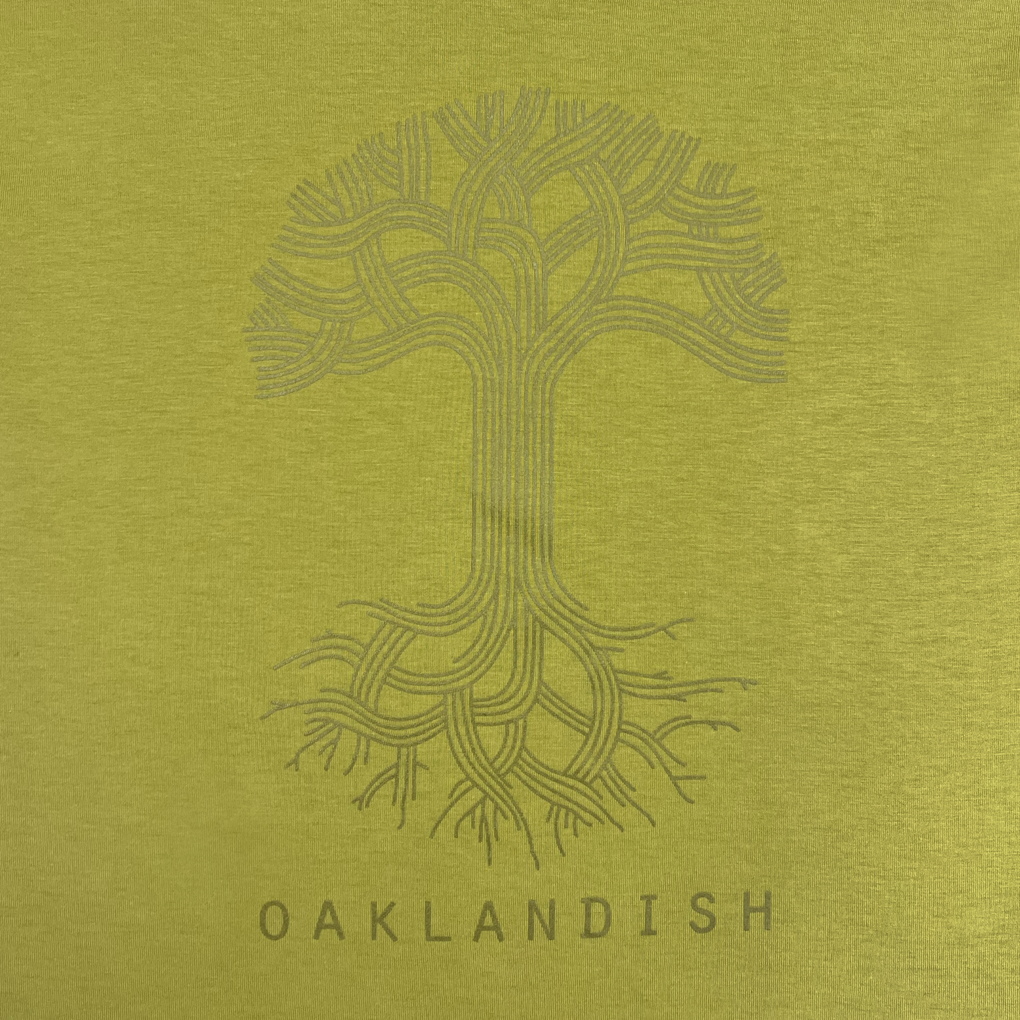 Detailed front view Oaklandish classic logo tee moss.