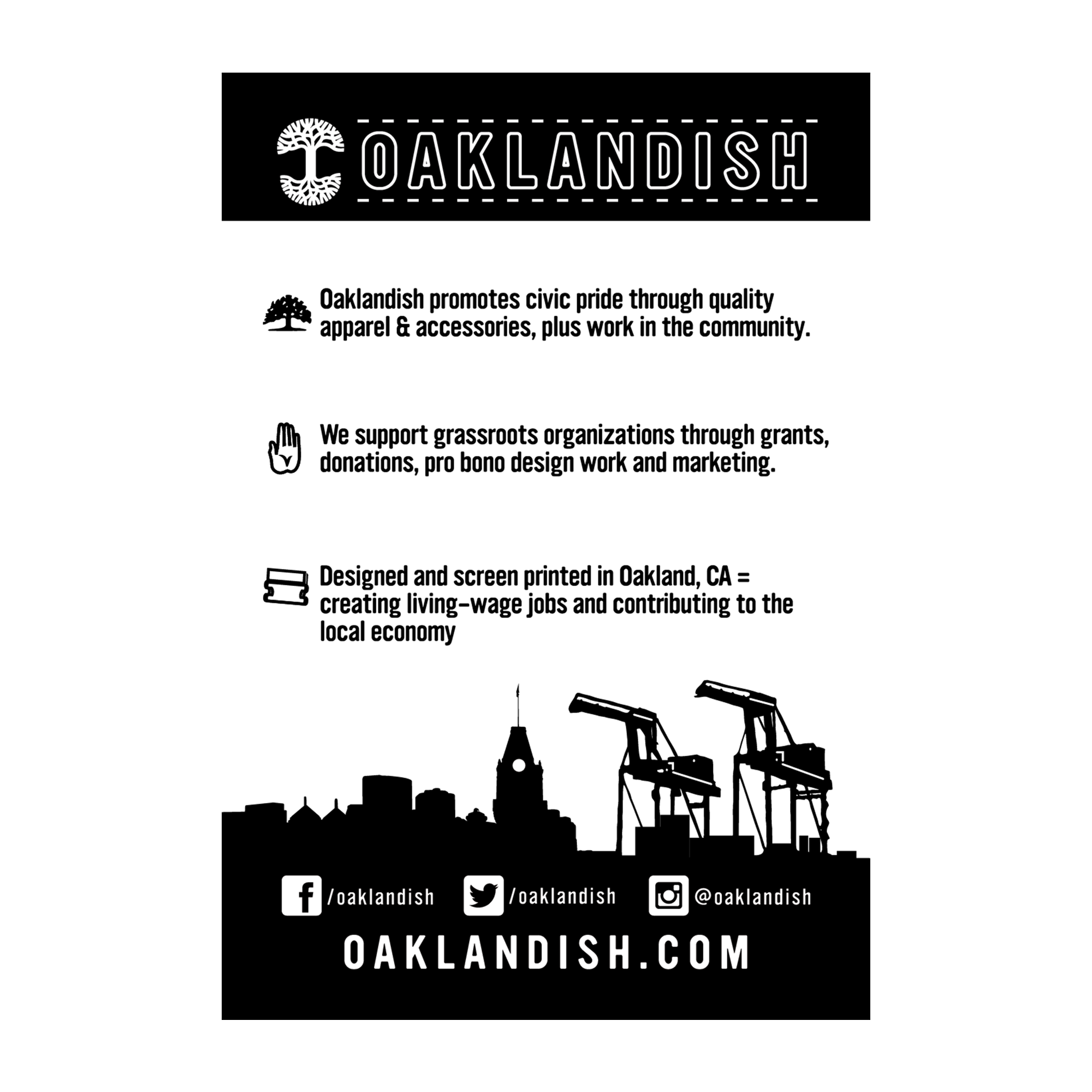 Oaklandish Classic Sticker featuring the roots logo, city skyline, cranes, and Tribune Tower—celebrating civic pride and local jobs. Social media icons and oaklandish.com appear at the bottom.
