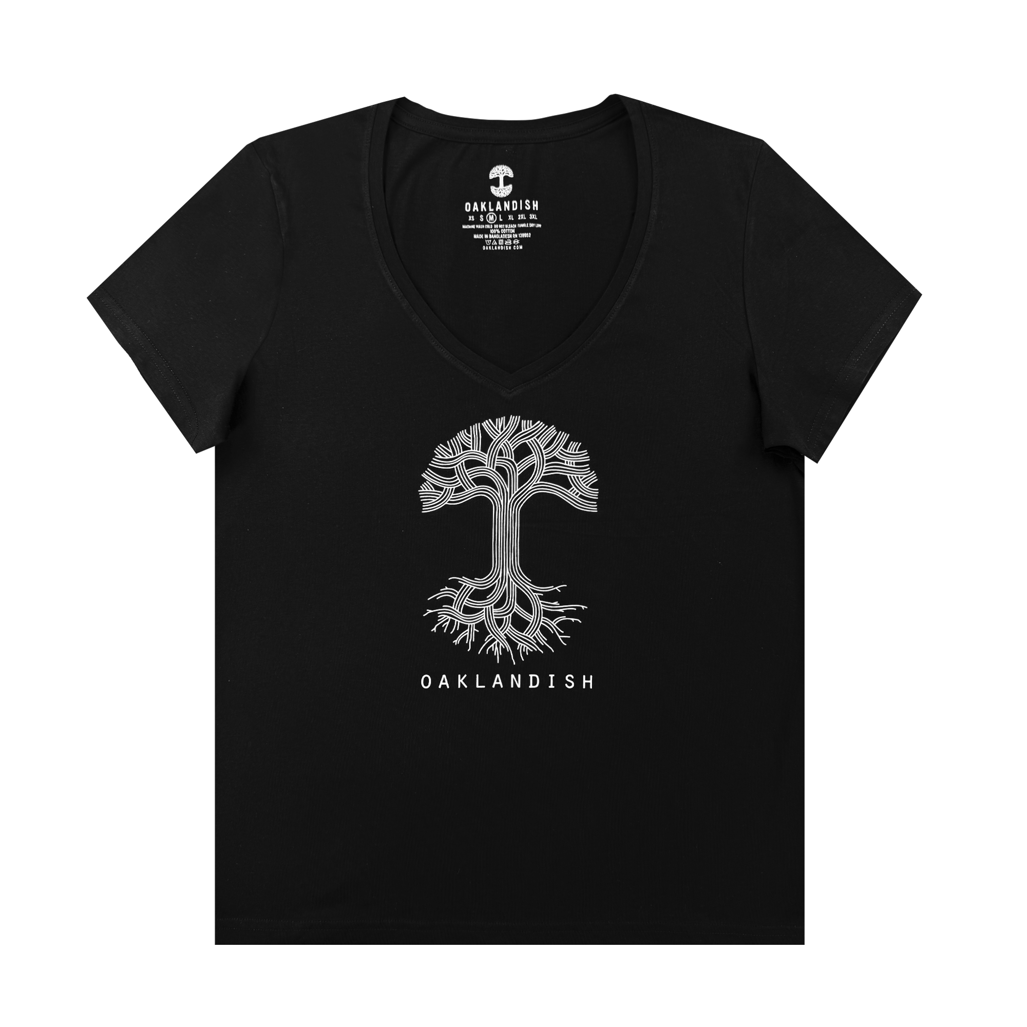 The Women's Oaklandish Logo V-Neck by Oaklandish is a black 100% cotton tee with a white stylized tree and "OAKLANDISH" in uppercase below, centered on the chest. The shirt is displayed flat on a white background.