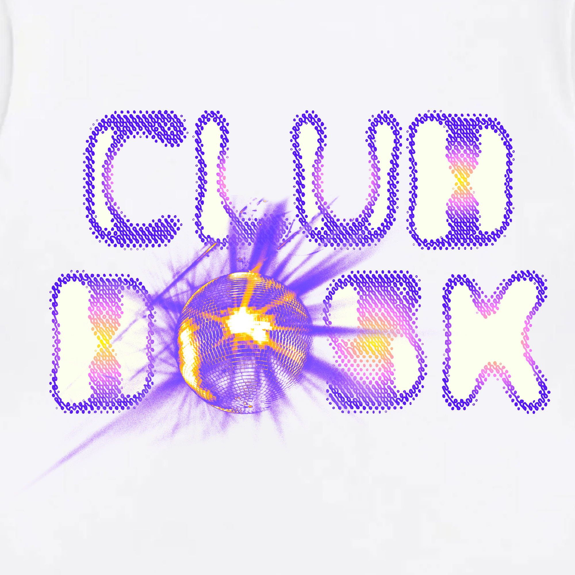 White tee with dotted purple and yellow “CLUB BOSK” text, the “I” swapped for a disco ball with colorful streaks. This heavyweight oversized BOSK men's t-shirt radiates an energetic, party vibe.