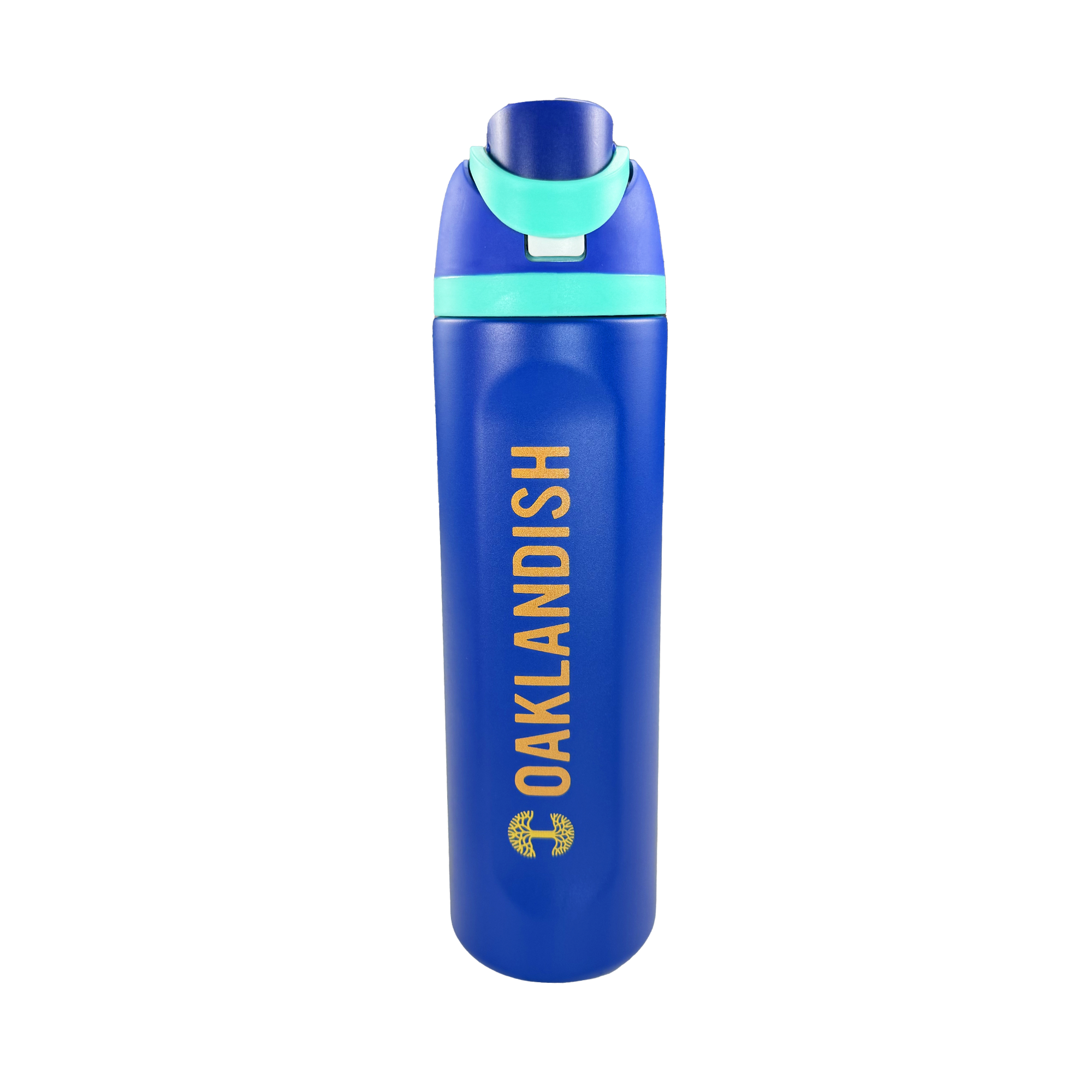 The Oaklandish Colorful Bottle is a tall blue water bottle with a light blue flip-top lid and handle. “OAKLANDISH” appears vertically in bold yellow above a small yellow tree logo on the front. Background is solid white.