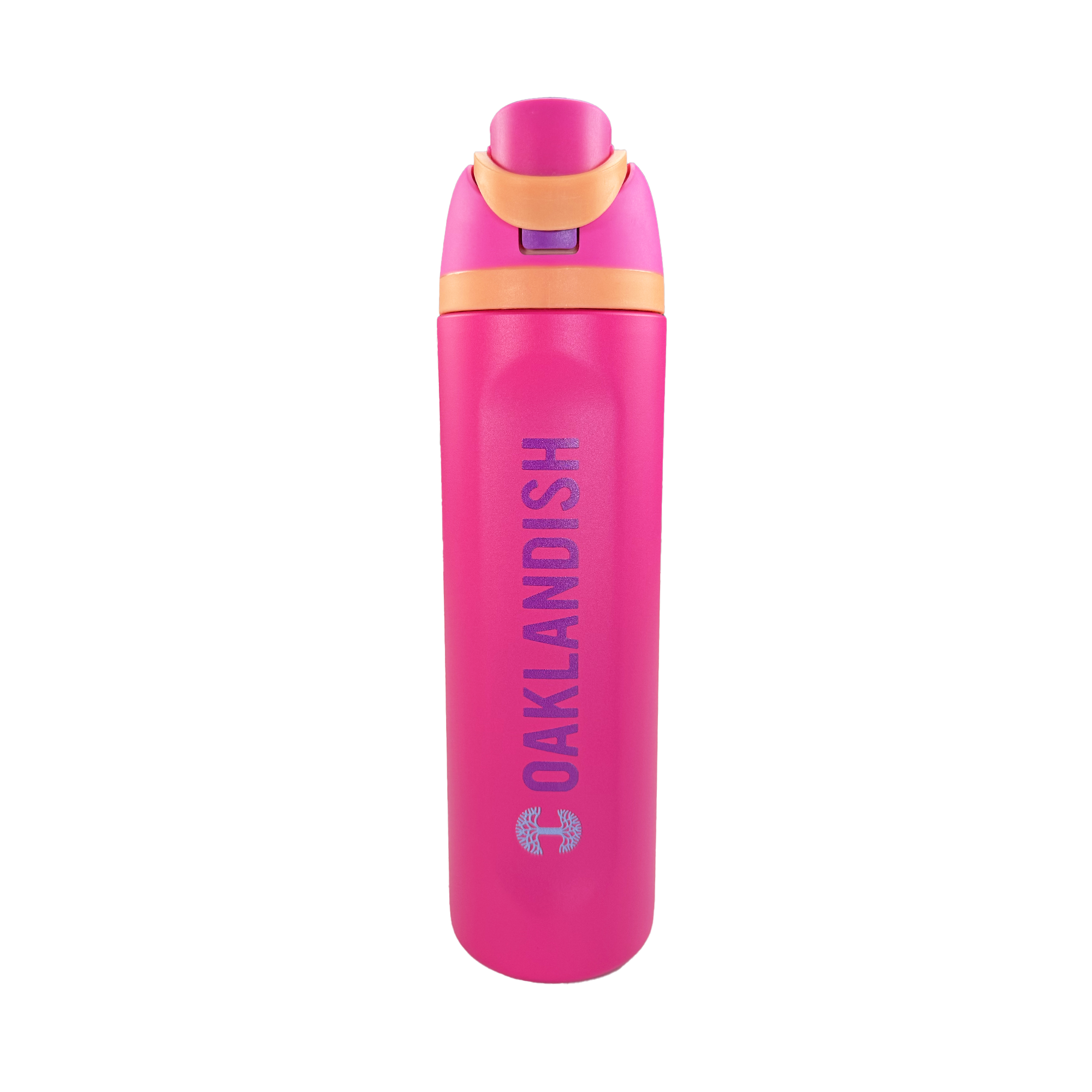 The Oaklandish Colorful Bottle features a bright pink body, orange accents, and a flip-top lid. "OAKLANDISH" is printed vertically in bold silver letters on the side, with a small circular logo below it. Set against a plain white background.