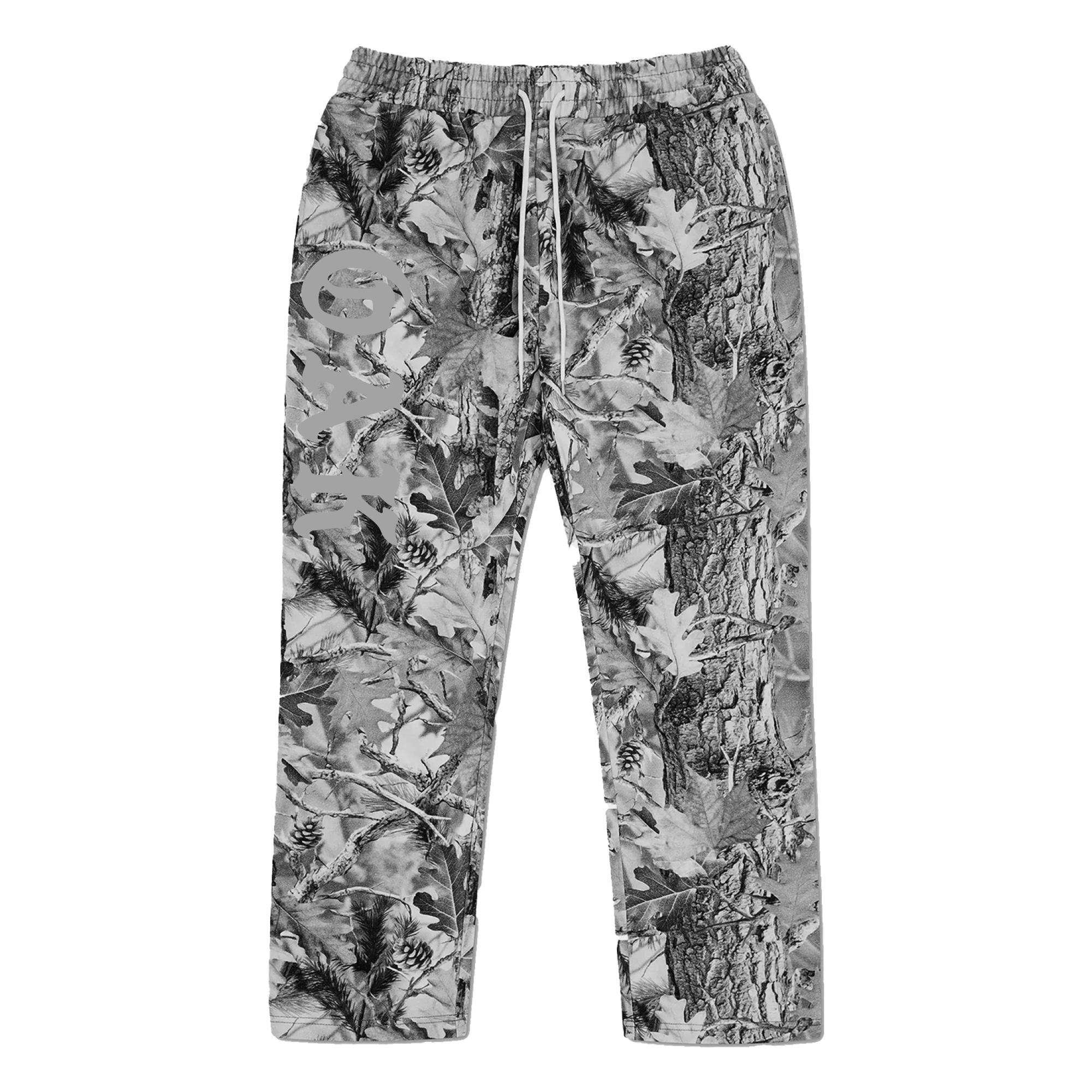The Oaklandish Cork Pant is a loose-fitting, open-leg pant with an elastic waistband and drawstring, made from 100% cotton in Grey Wood Camo and finished with a large light graphic and stylized text on the left thigh.