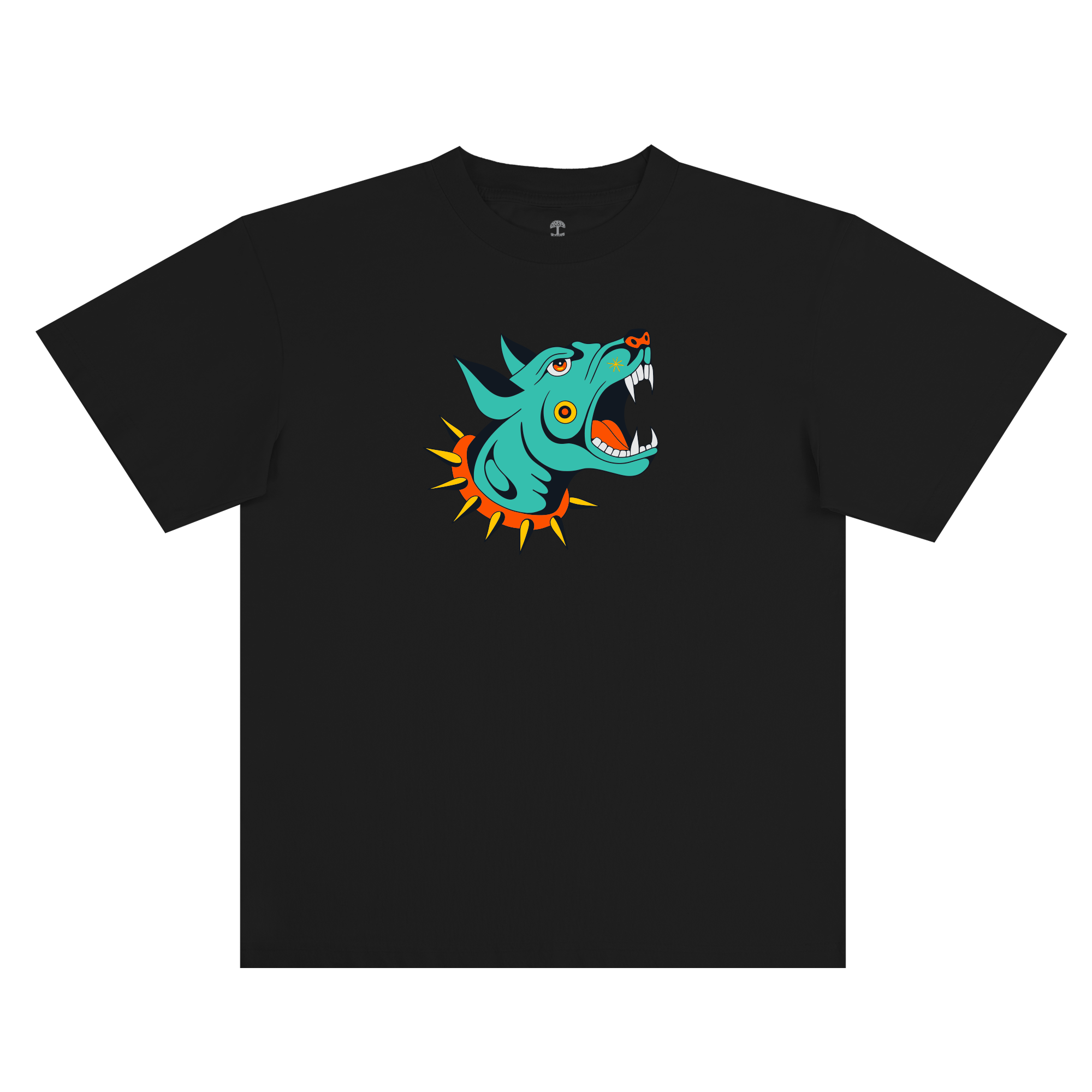 The Oaklandish Dawg Tee is a black classic fit t-shirt with a bold, teal tattoo-style wolf head on the chest. The snarling wolf has sharp white teeth, an orange tongue, and an orange spiked collar.