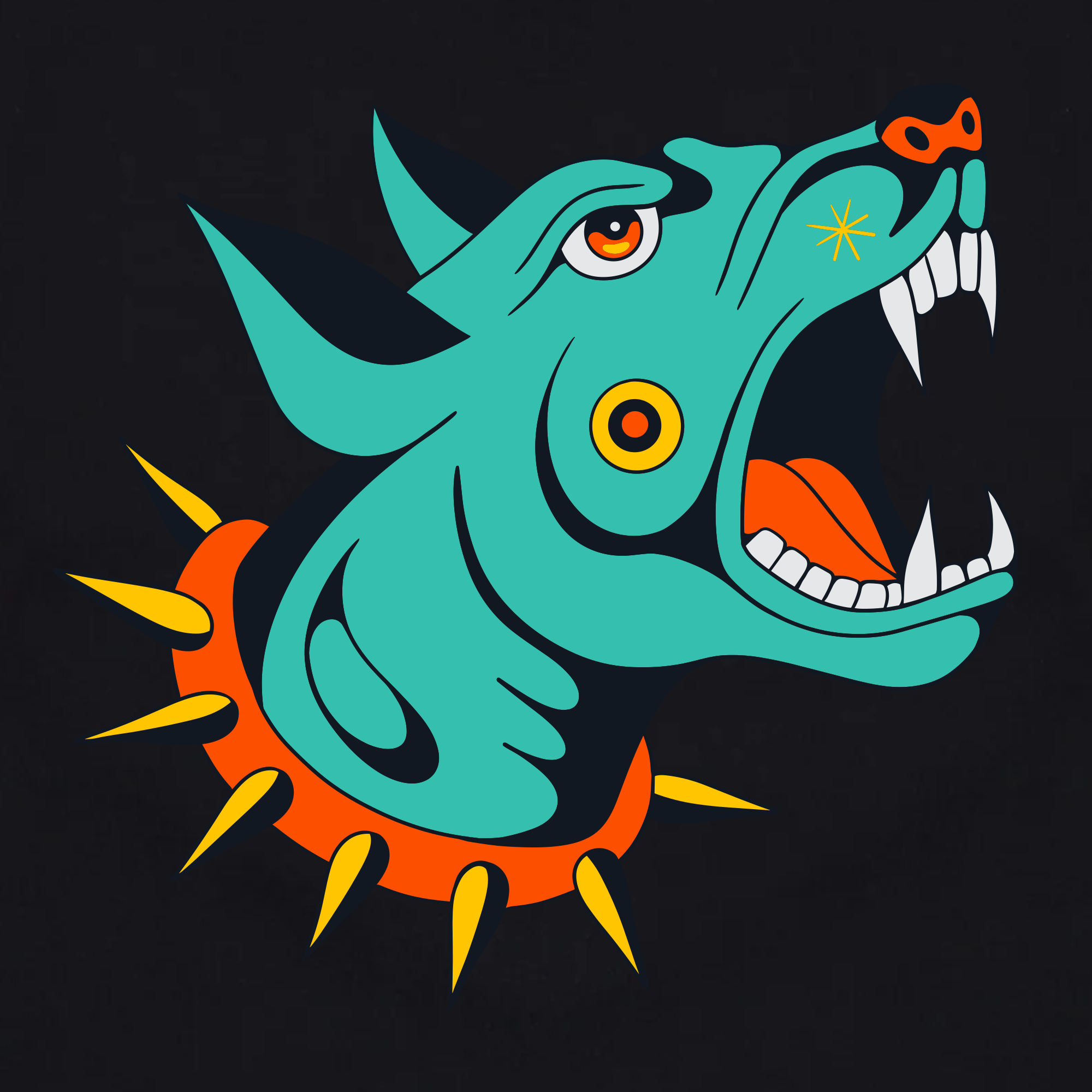 The Oaklandish Dawg Tee features a stylized teal wolf head with pointed ears and sharp white fangs, wearing an orange spiked collar and a yellow starburst on its nose, set against a solid black background.