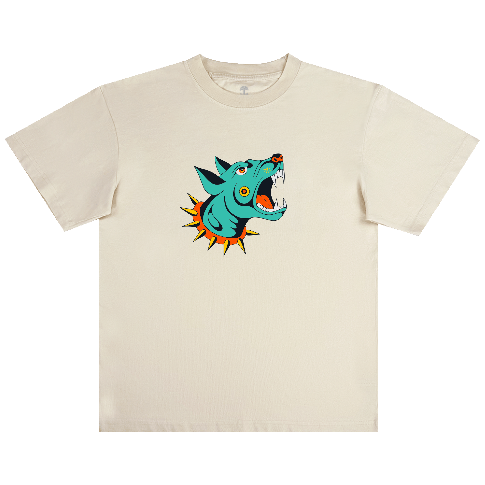 The Oaklandish Dawg Tee is a beige classic fit 100% cotton shirt with a bold tattoo-style graphic of a blue wolf's head, orange-yellow spiked collar, and fierce expression.