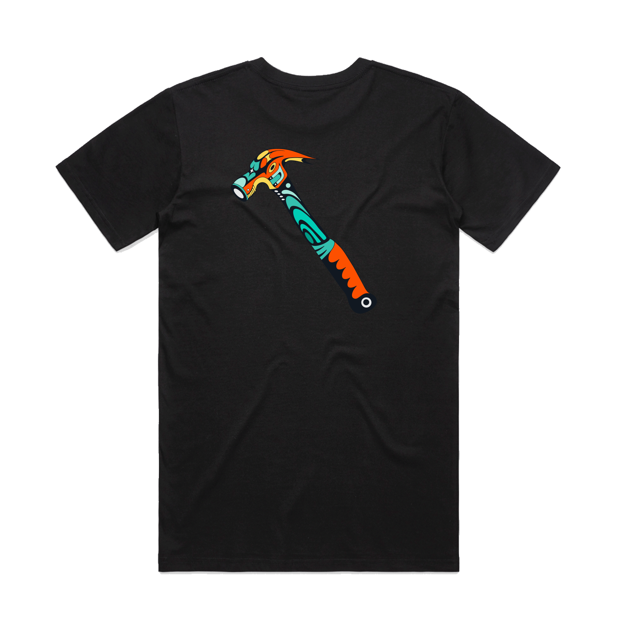The Hammer into Time Tee by Oaklandish features a bold orange and turquoise hammer graphic on black, blending artistic flair with classic cotton comfort in a stylish, eye-catching design.