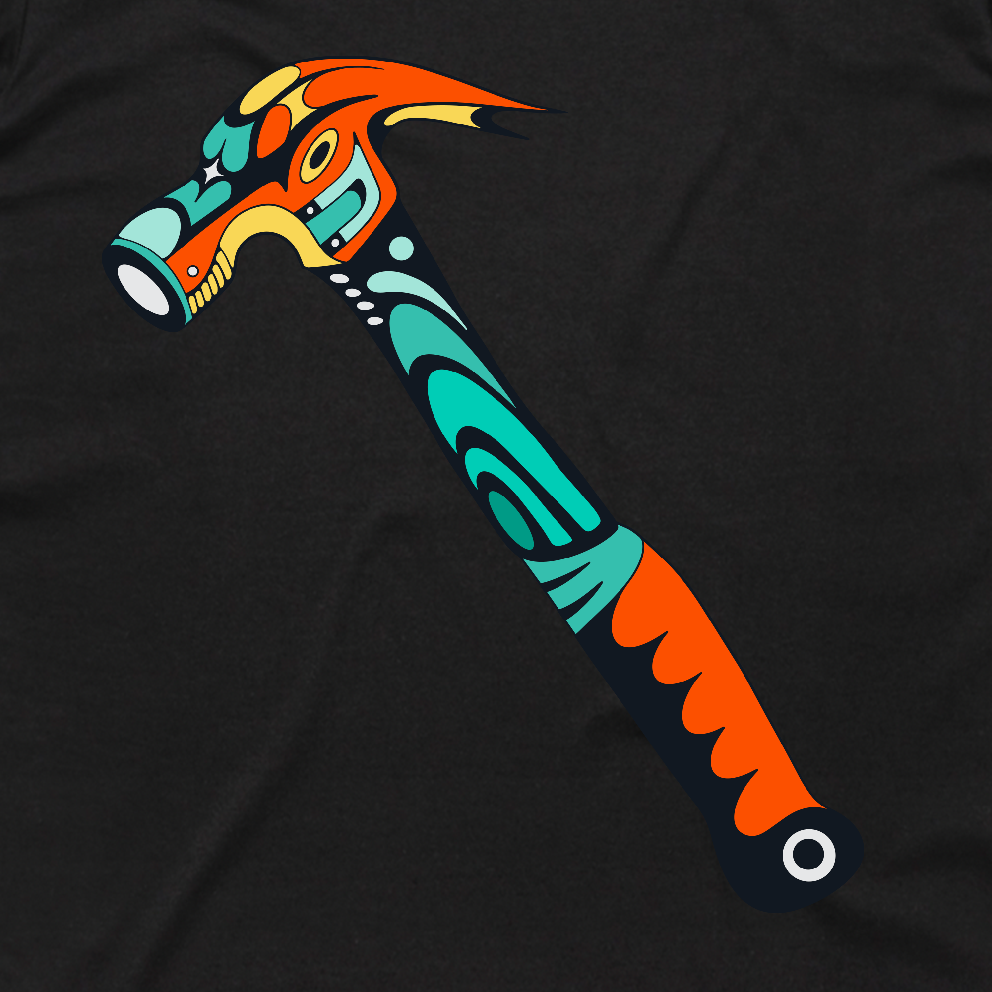 The Hammer into Time Tee by Oaklandish features a bold, stylized hammer in vibrant Indigenous-inspired art on black cotton—a striking classic fit shirt for any fan of unique design.