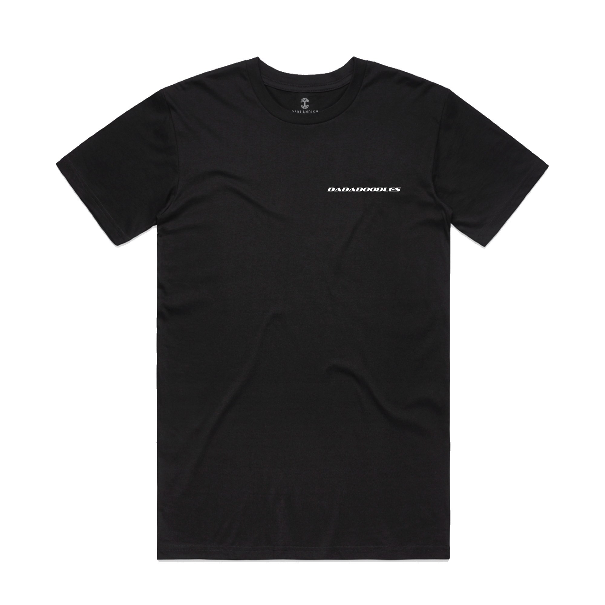The Hammer into Time Tee by Oaklandish is a classic black cotton t-shirt with a crew neckline. It features "DJ 4 DA DOODLES" in small white all-caps text on the left chest and lies flat on a white background.