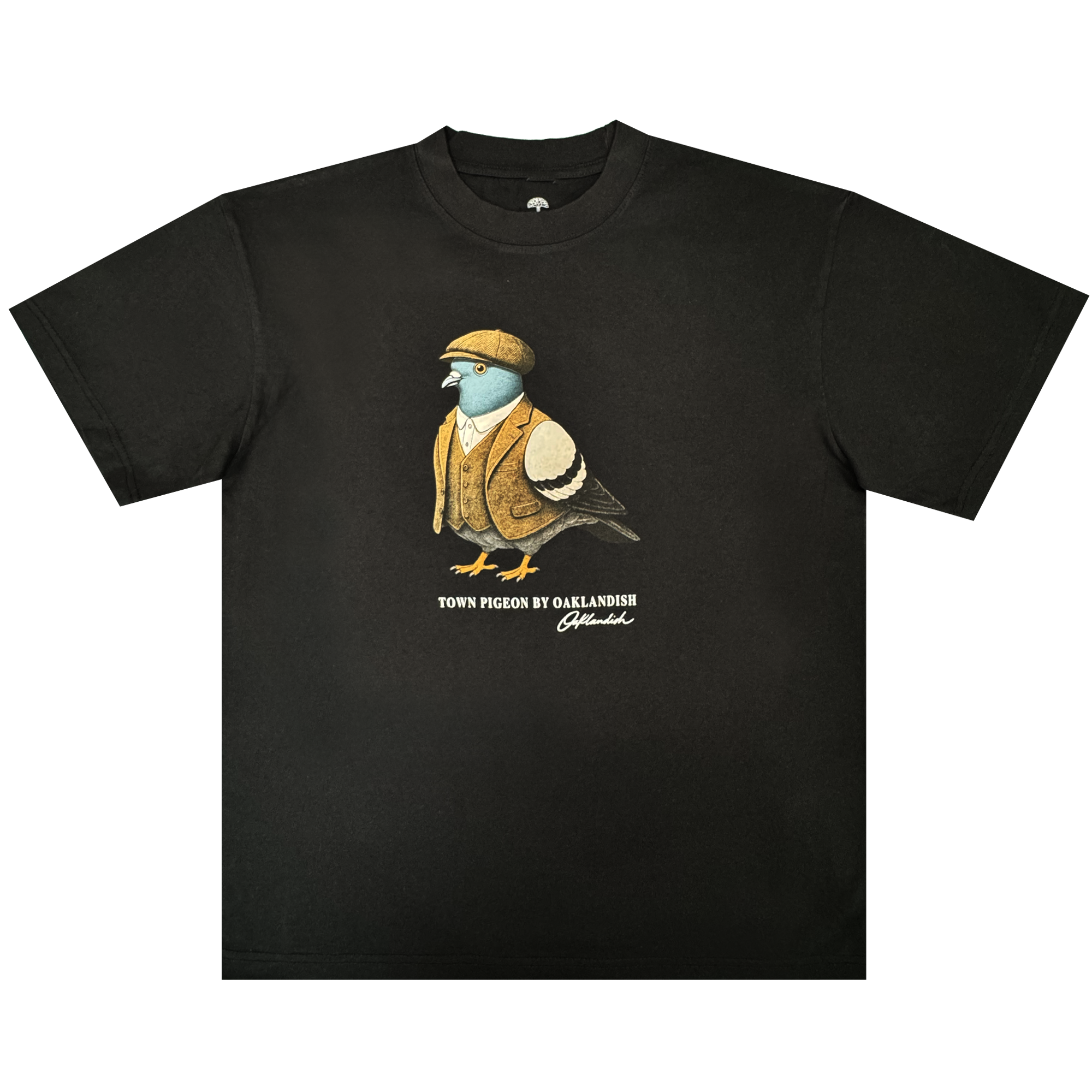 Introducing the Dapper Tee from Oaklandish’s men’s collection—a black classic fit t-shirt showcasing a graphic of a pigeon dressed in a brown flat cap and vest. Underneath the illustration, “TOWN PIGEON BY OAKLANDISH” is printed in white text with a distinctive signature-like flourish below. Crafted from heavy-weight cotton, this standout tee is set against a plain white background.