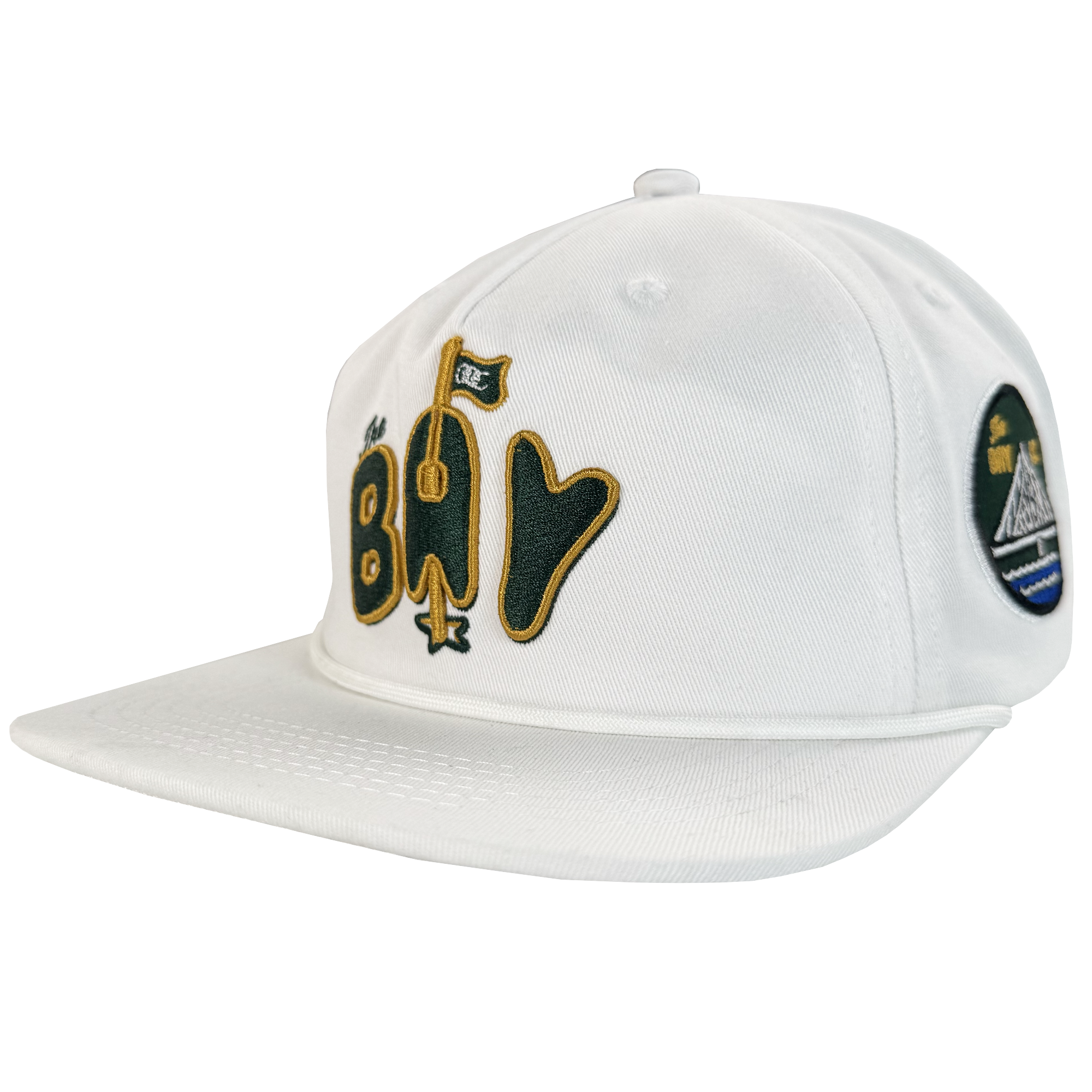 The Bay Area 5 Panel by DOC from Oaklandish is a white, unstructured baseball cap with stylized yellow and black "Bay" text and a flag graphic. Part of The Bay Collection, it features a flat brim, visible stitching, and an adjustable strap back.