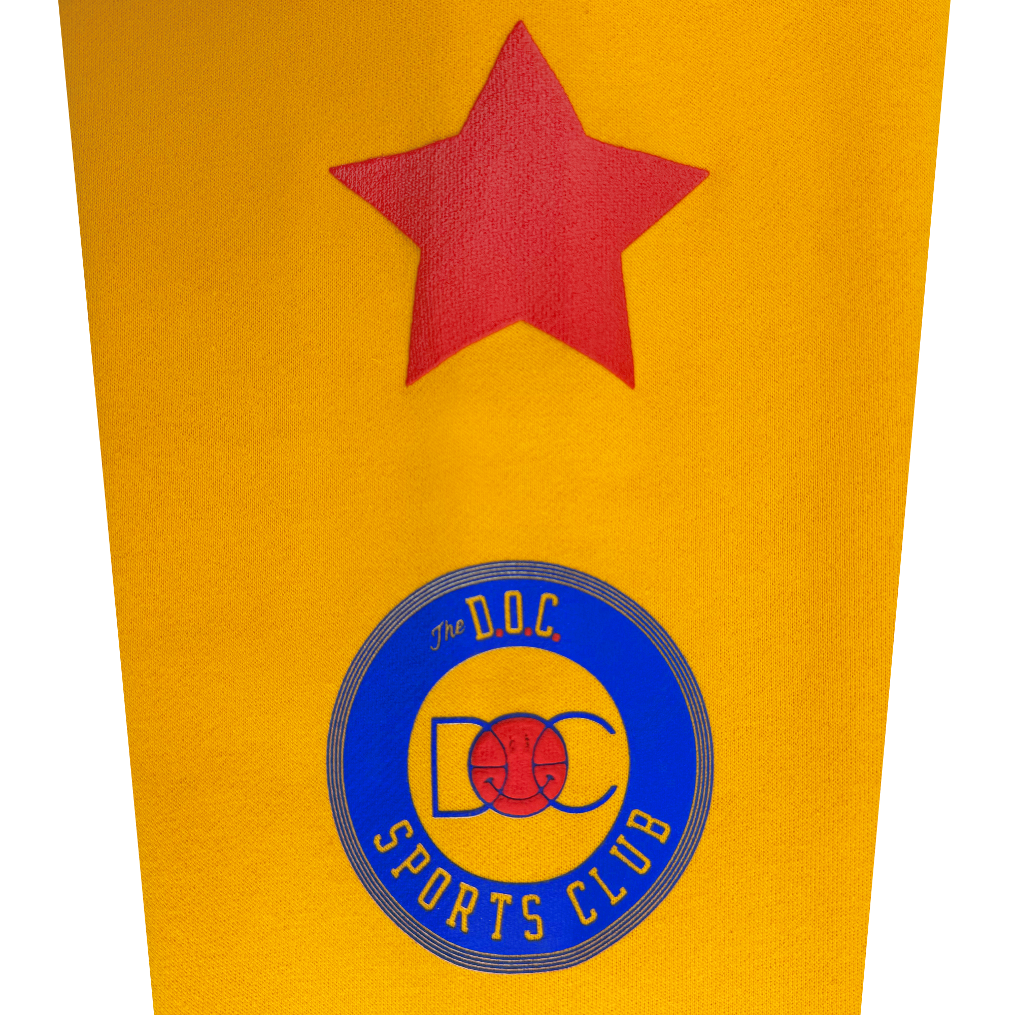 The Bay Bridge Hoodie by Oaklandish features a yellow sports design with a red star above a blue emblem. The emblem highlights cultural influence, displaying "The D.O.C SPORTS CLUB" text around the edge, centered with a stylized basketball and "D.O.C" initials—a perfect fit for any Bay Area art project.