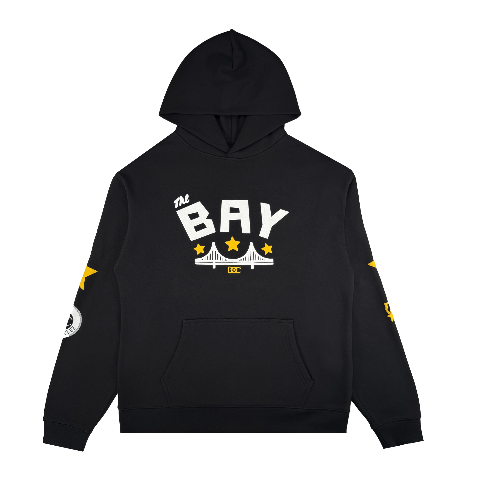 The Bay Bridge Hoodie By DOC V2 by Oaklandish is a black men’s fleece pullover with a front pouch pocket, “the BAY” in bold white above a bridge and yellow stars. Sleeve accents feature stars and graphics. Hood up; plain white background.