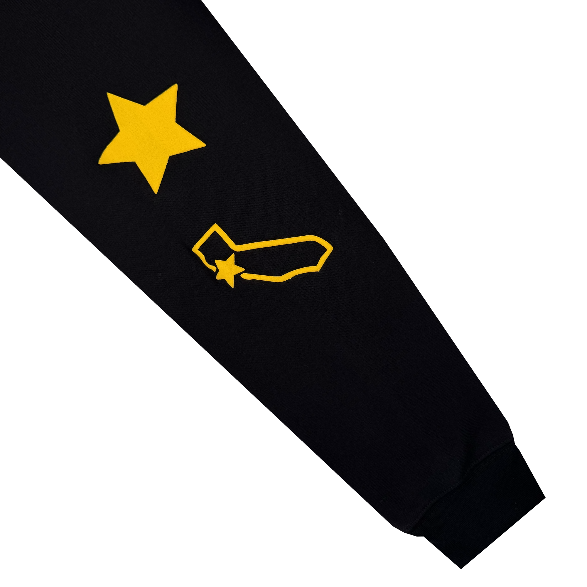 The Bay Bridge Hoodie By DOC V2 from Oaklandish features a bold yellow star atop a California outline on black sleeves, with an extra star near the wrist. Crisp white background makes it perfect to pair with your favorite pullover or men's fleece hoodie.