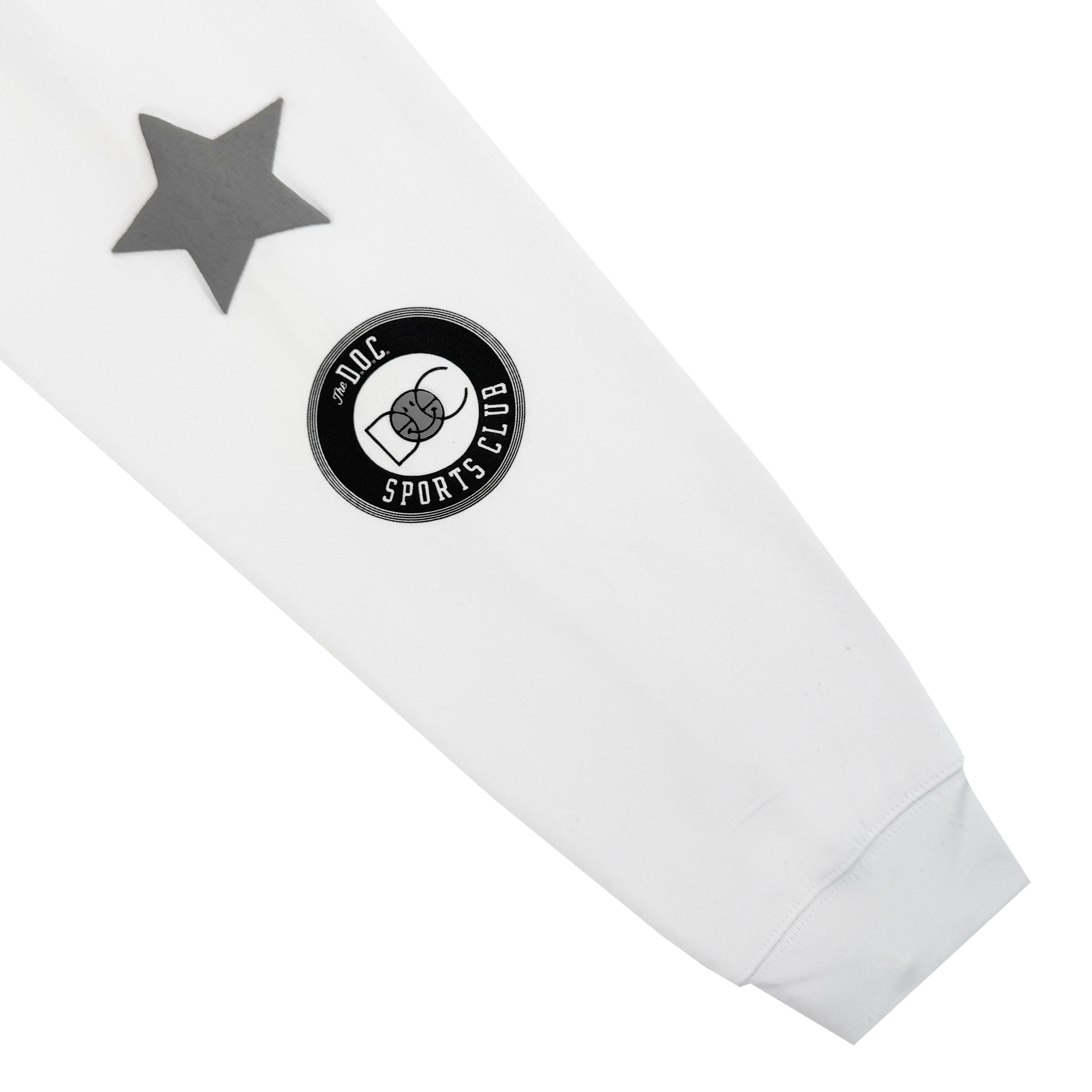 The Bay Bridge Hoodie By DOC V2 by Oaklandish is a white pullover with a large gray star near the shoulder and a black circular patch featuring two boxing gloves and "DOC SPORTS CLUB" in white text.