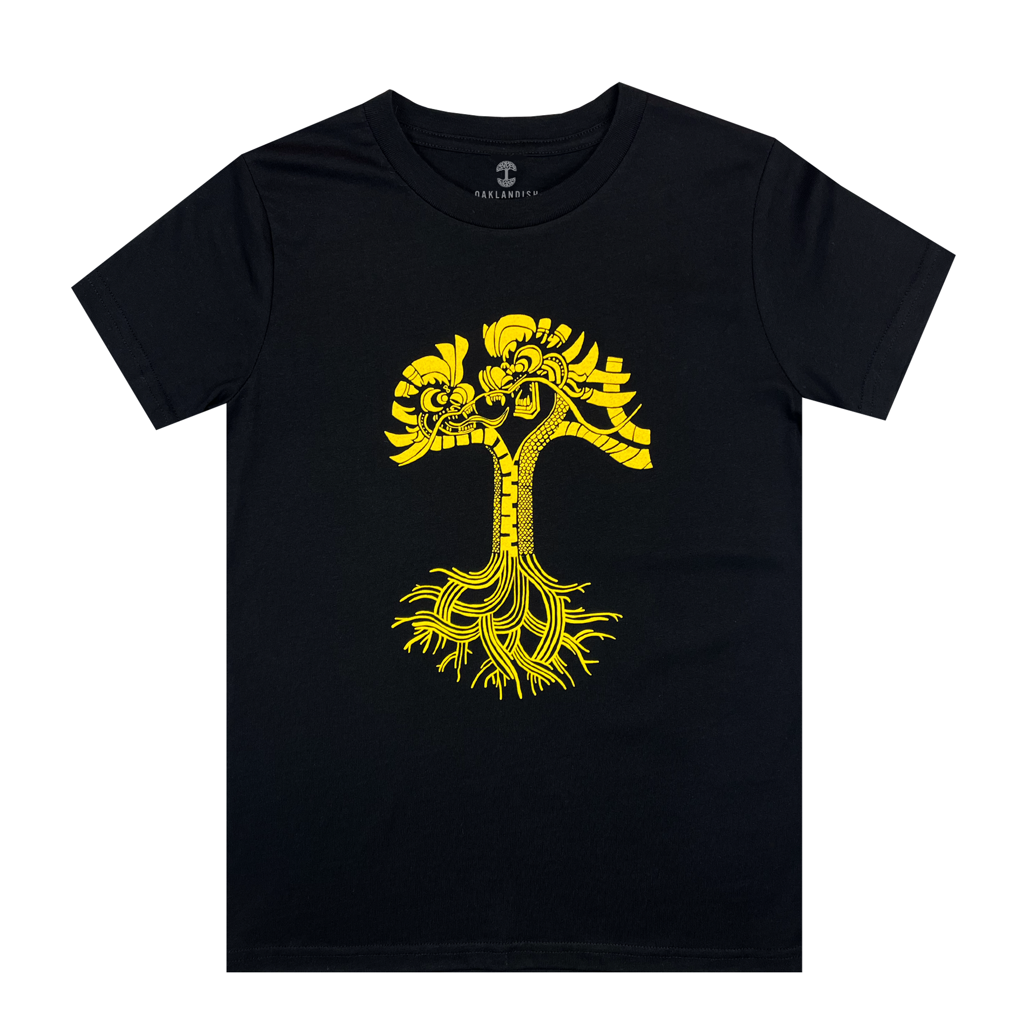 Black youth t-shirt with gold dragon power graphic design in the shape of an Oaklandish tree logo.